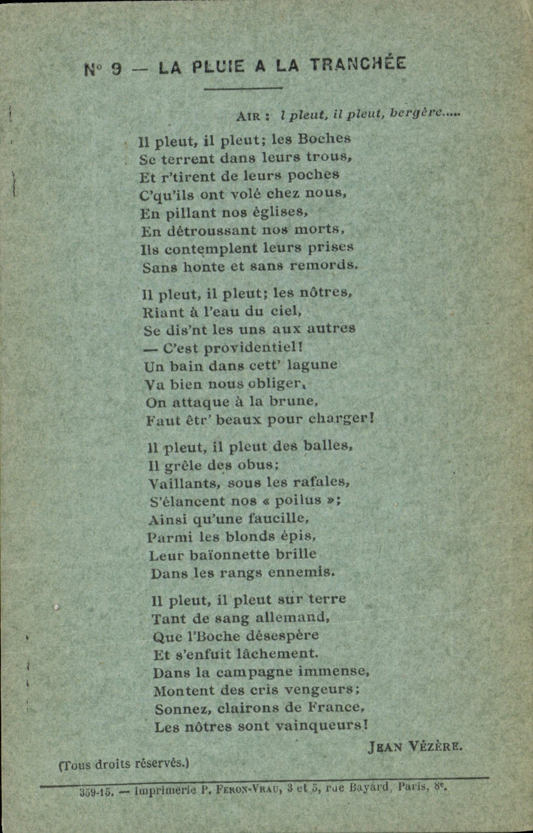 Vintage Postcard the rain has the trench Jean Vezere