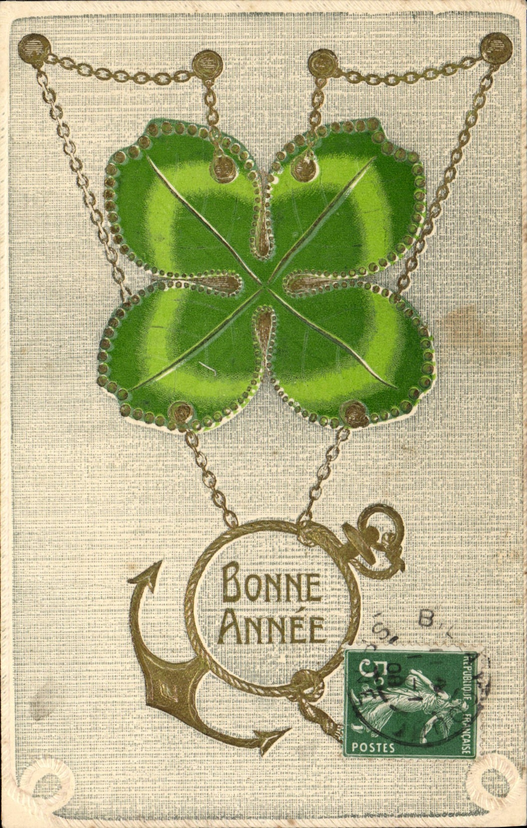 Vintage Postcard Fantaisie Flowers Clover Anchors of marine