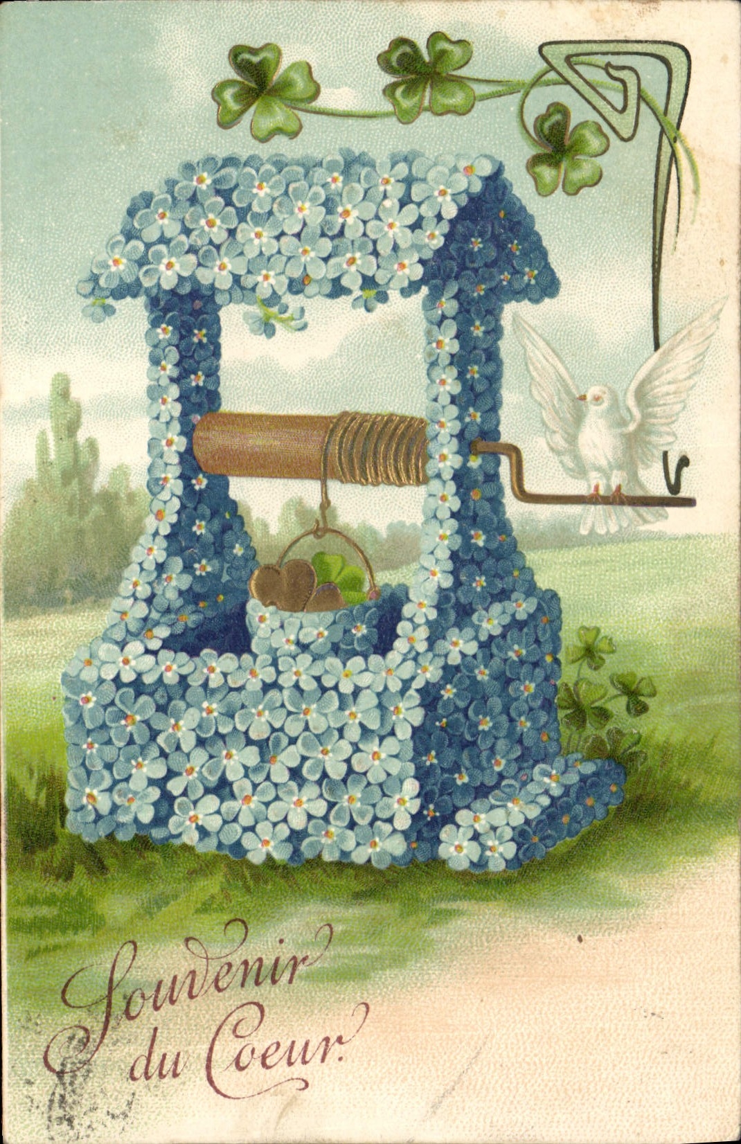 Vintage Postcard Fantasy Flowers Dove Clover