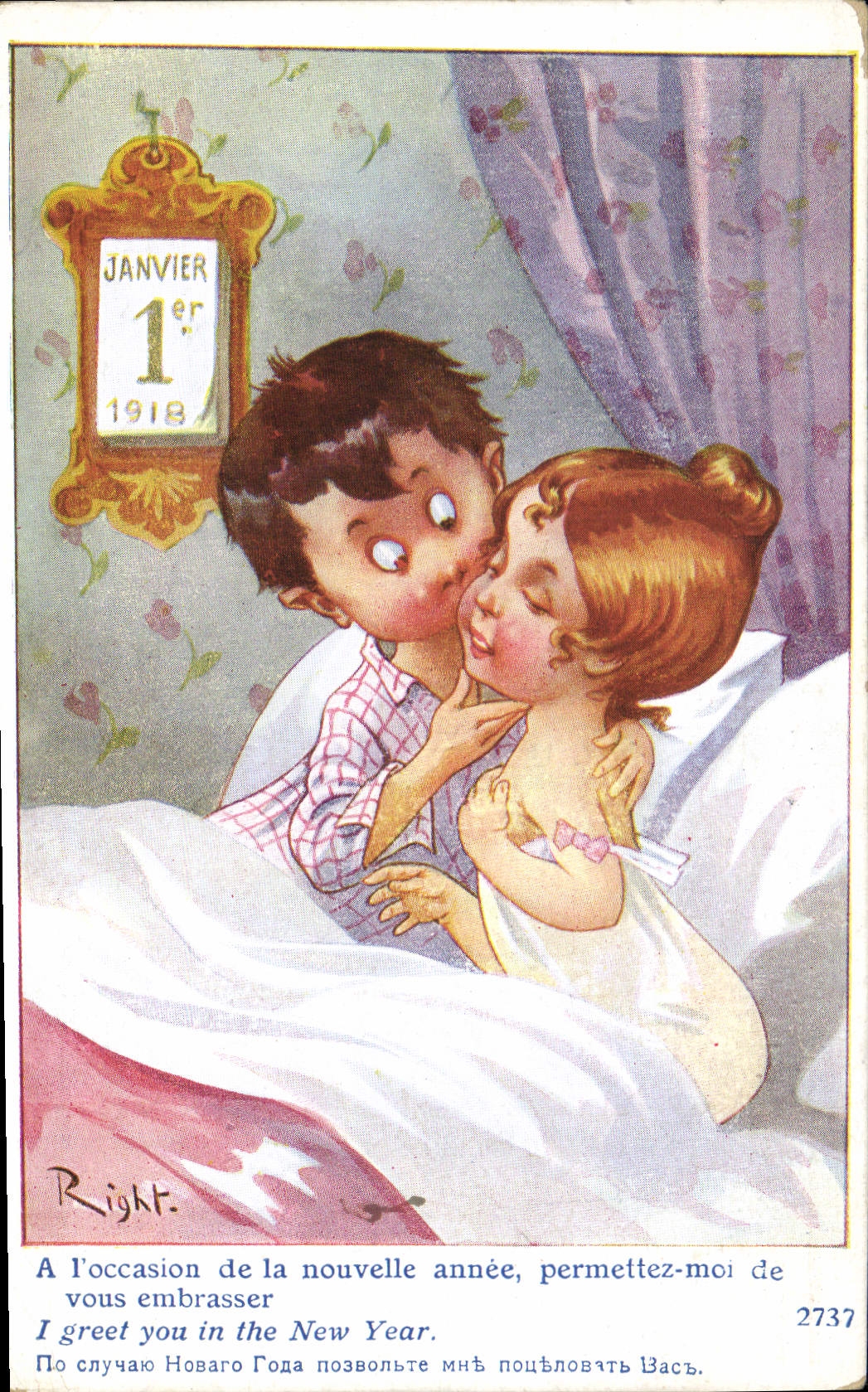 Vintage Postcard Fantasy Illustrator Right Children New Year's Day