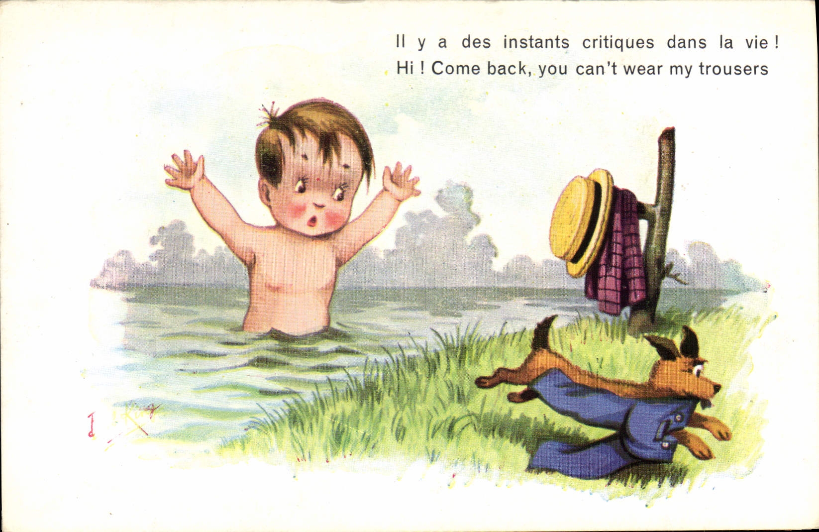 Vintage Postcard Fantaisie Illustrator Child Dog critical moments ago in the life!