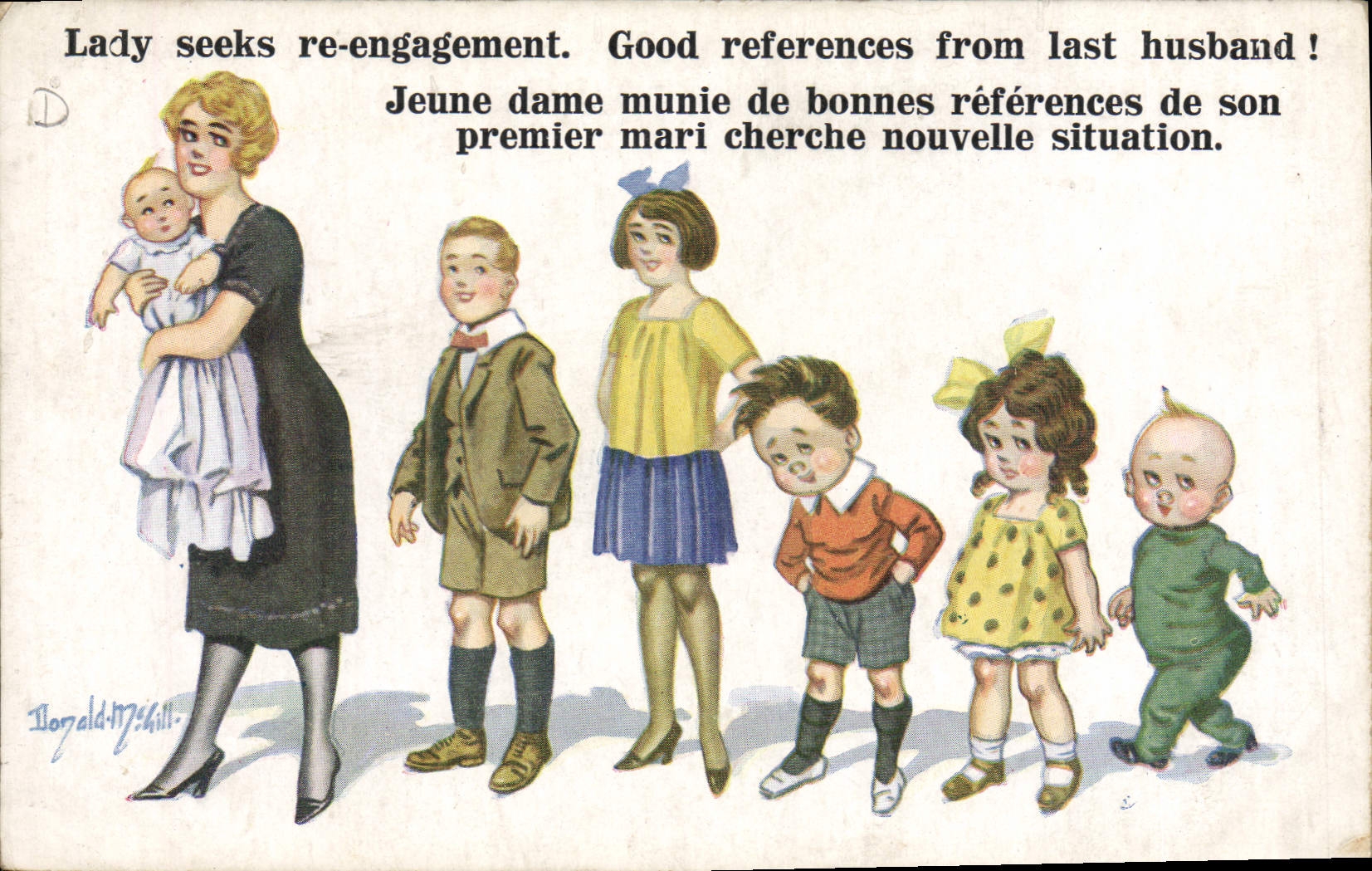 Vintage Postcard Fantasy Illustrator Lady seeks Re commitment Children Woman