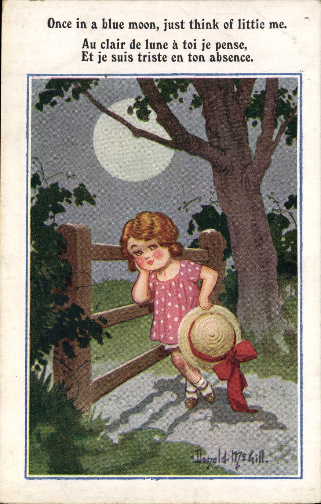 Vintage Postcard Fantaisie Illustrator Donald Mc Gill Enfant Ounce in has blue moon