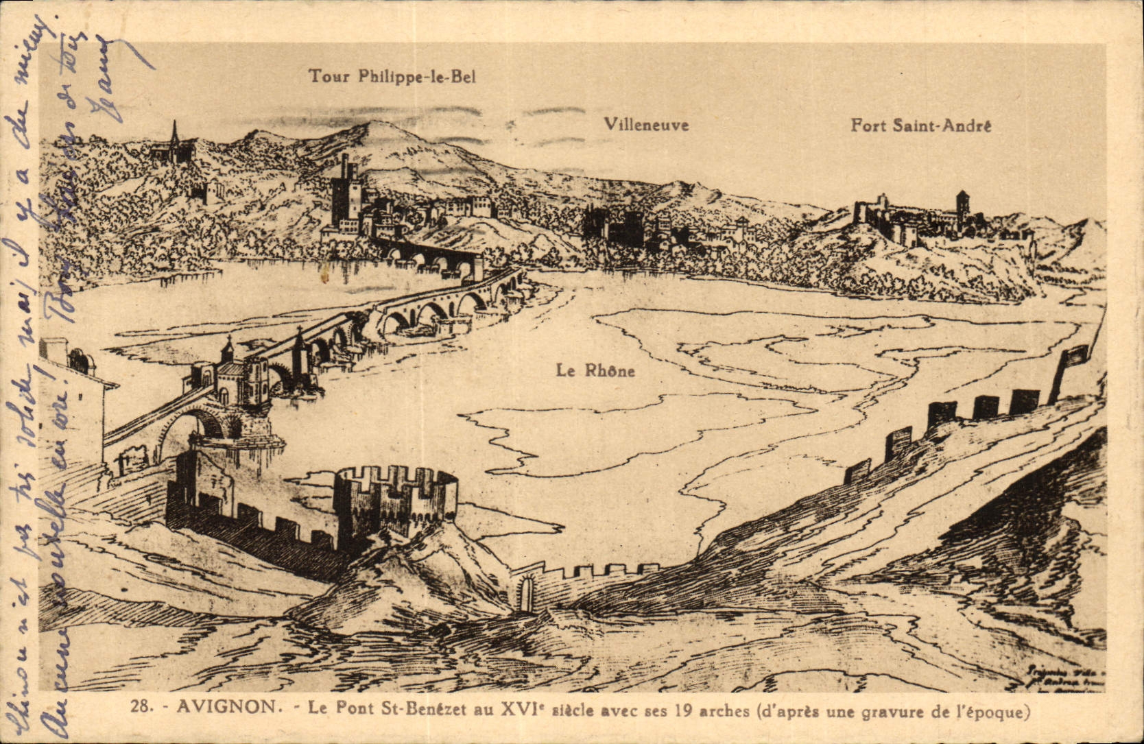 Vintage Postcard Avignon the bridge St Benezet with 16th