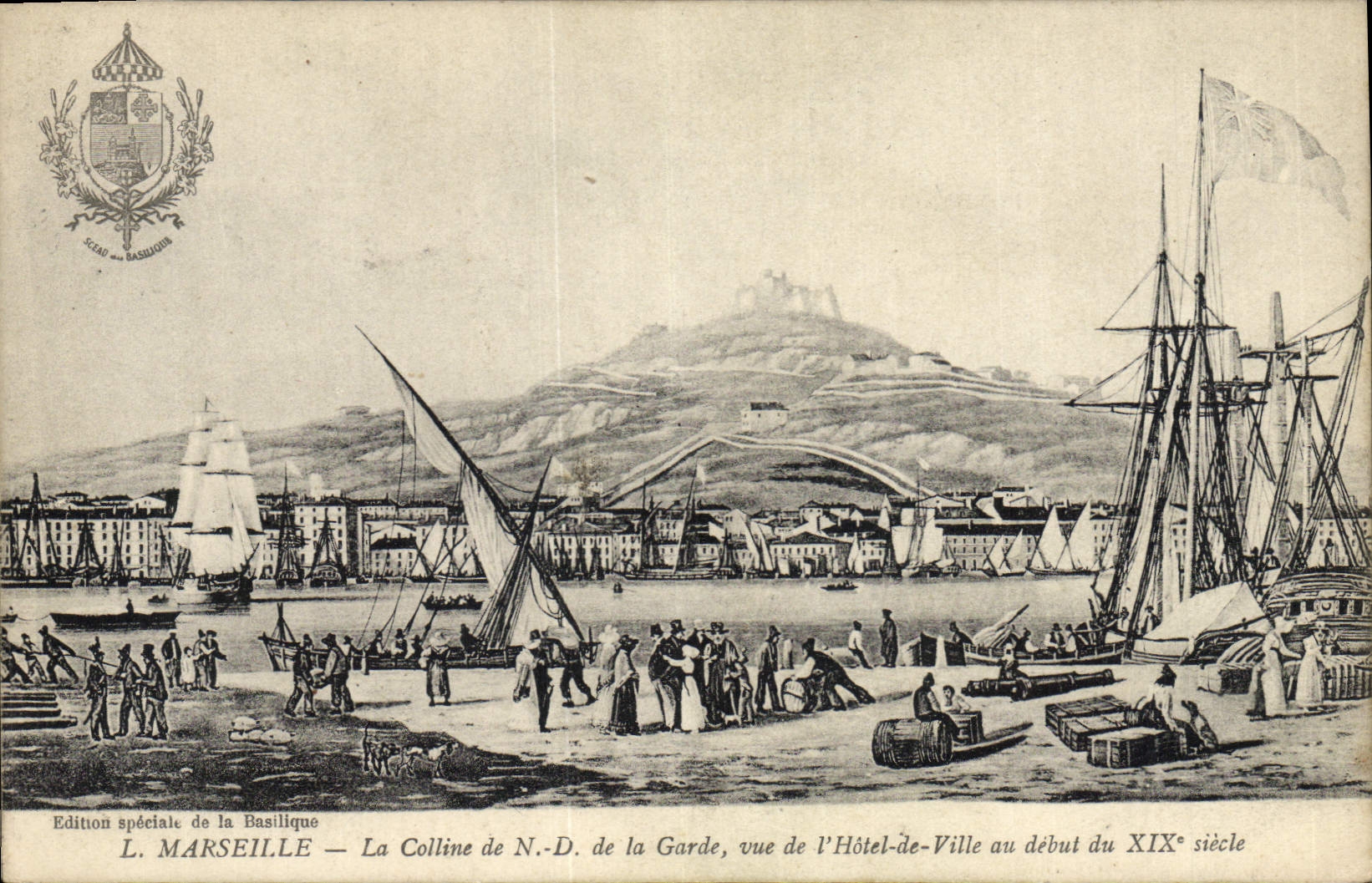 Vintage Postcard Marseilles the Nd hill of the Guard seen of the town hall Boats