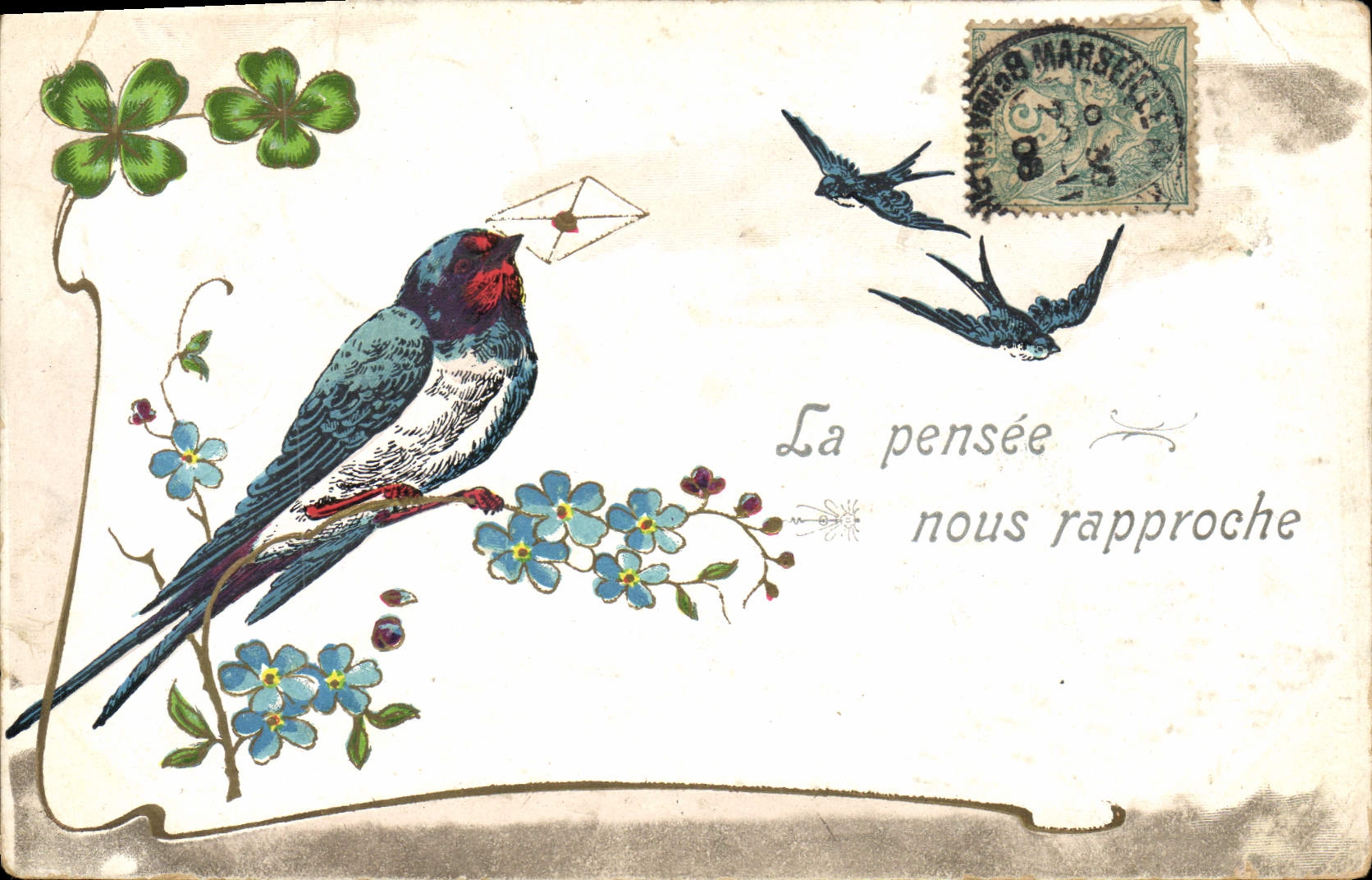 Vintage Postcard Bird Clover Swallow
