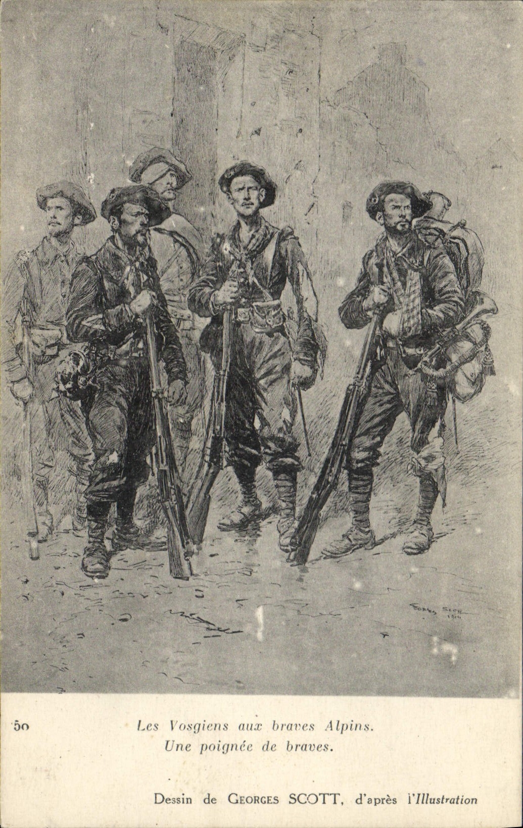 Vintage Postcard Militaria Alpine hunters the Vosgean ones with the Alpine brave men A handful of brave men Georges Scott