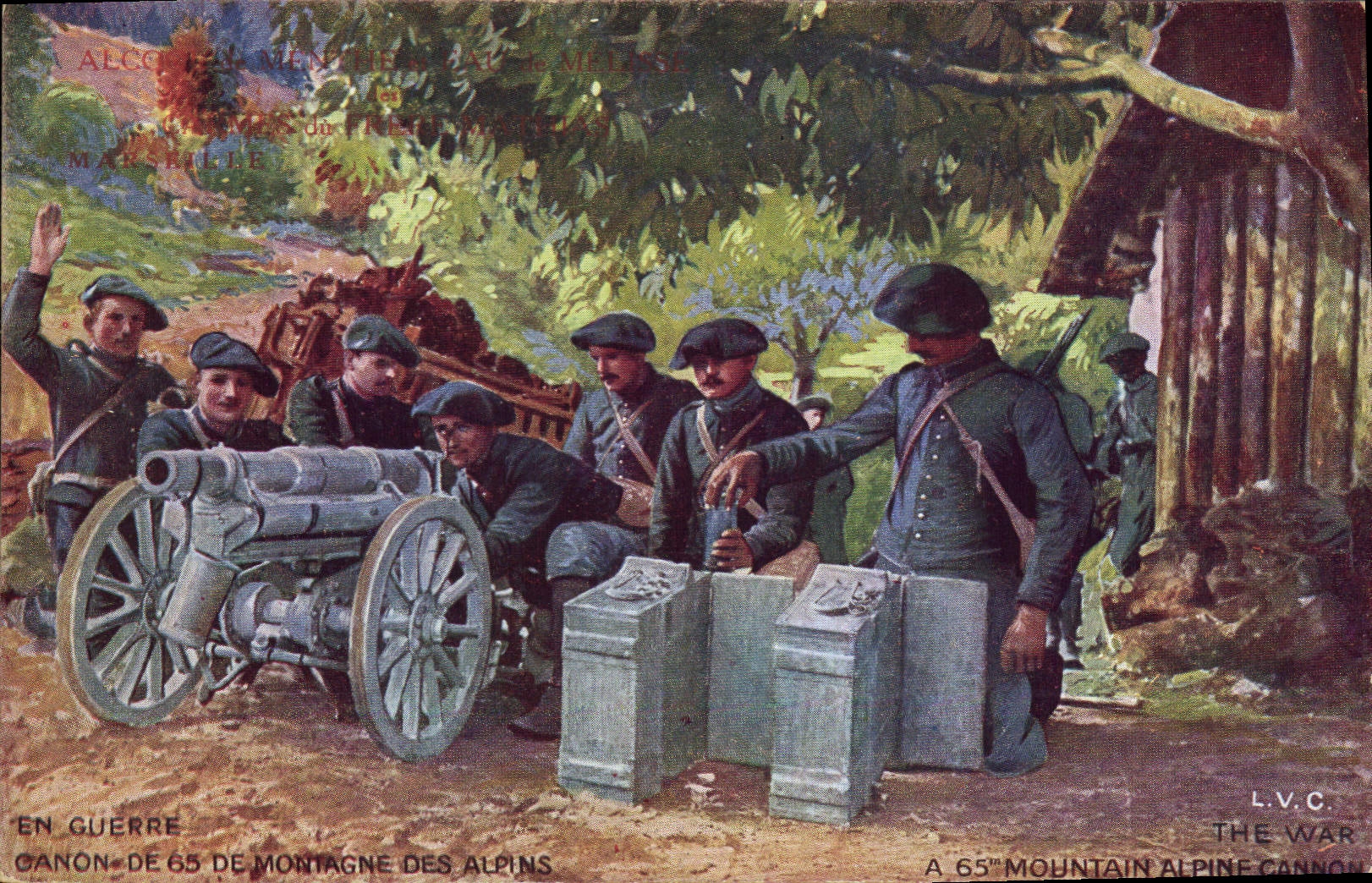 CPA Militaria Chasseurs Alpins Canon de 65 de montagne des alpins Alcool de menthe Frere Mathias Marseille