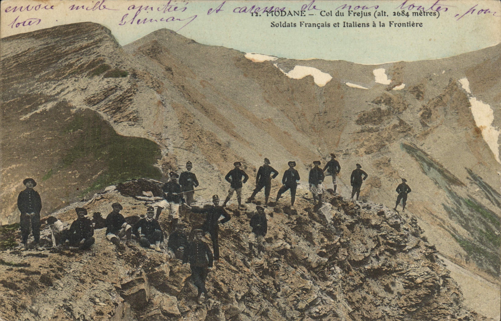 Vintage Postcard Militaria Alpine hunters Modane Col of Frejus French and Italian Soldiers has the border