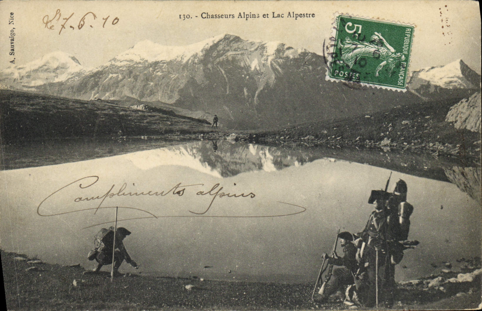 CPA Militaria Chasseurs Alpins et Lac Alpestre