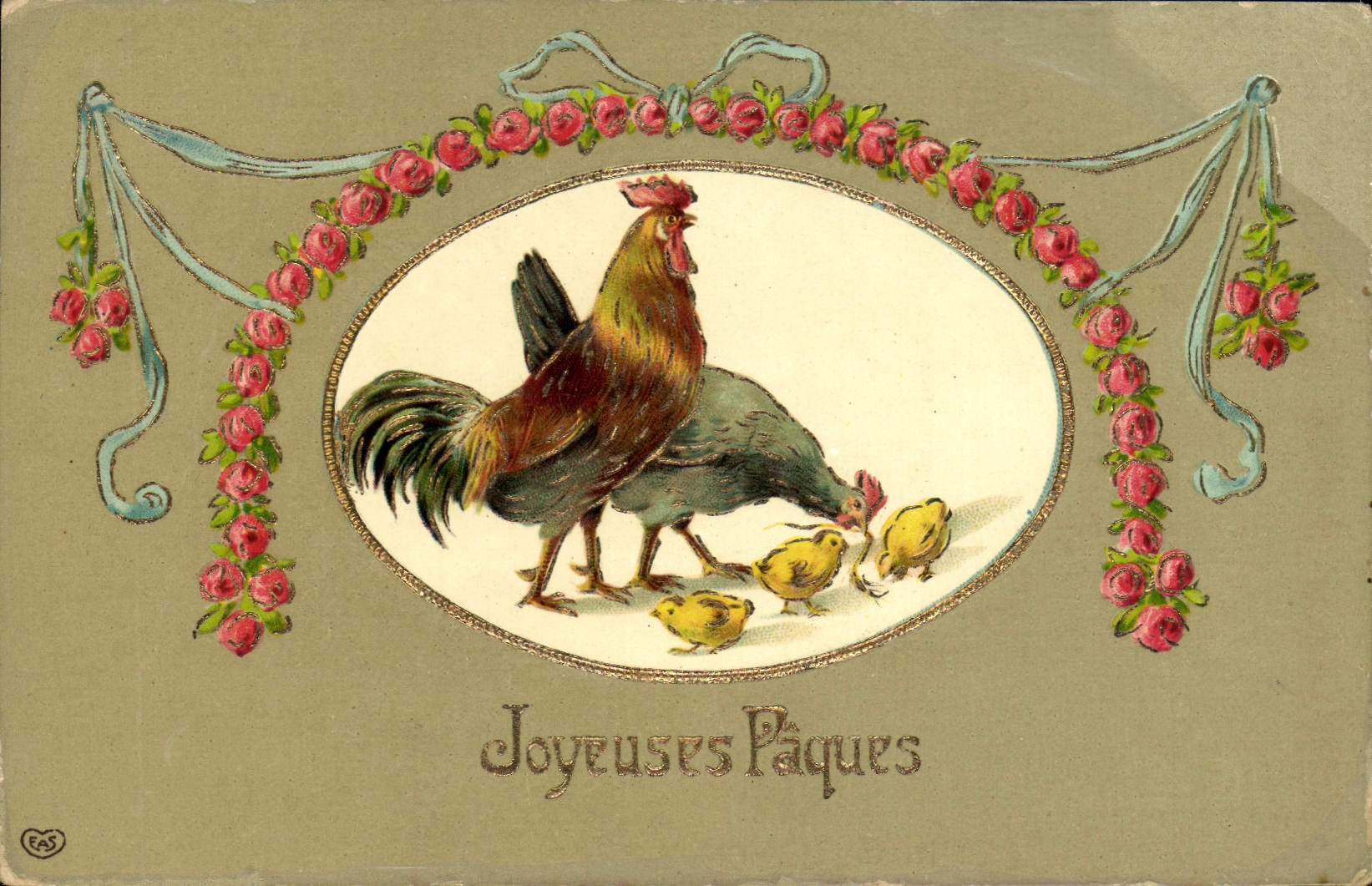 Vintage Postcard Fantasy Flowers Cock Hen Chicks