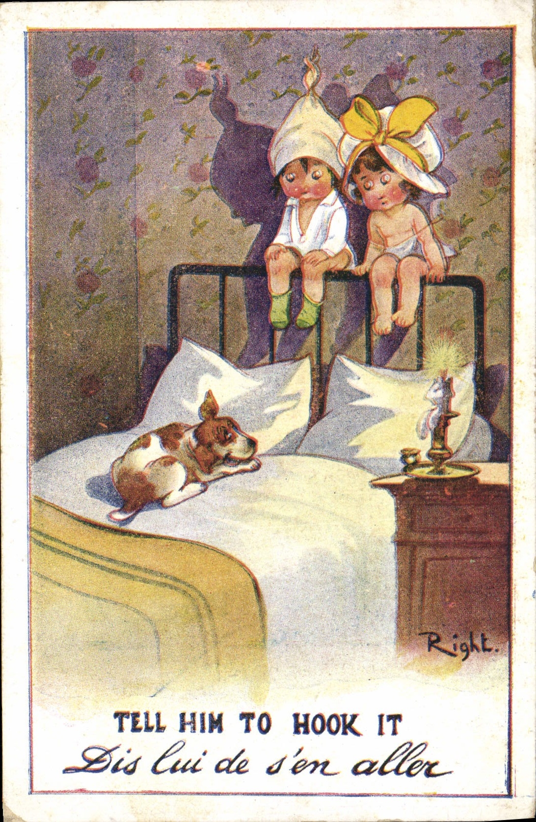 Vintage Postcard Fantasy Illustrator Children Such him to hook it Chien