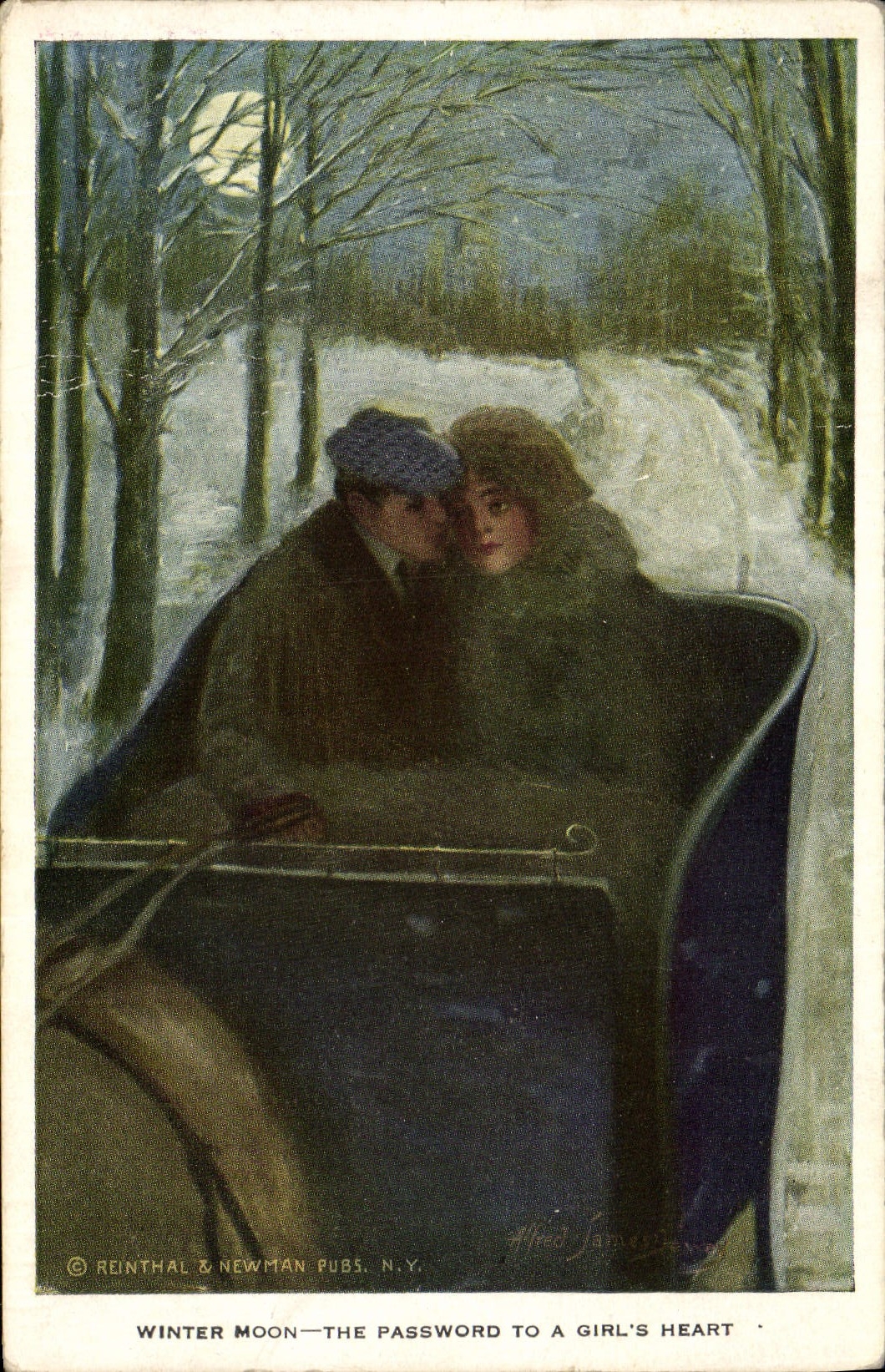 Vintage Postcard Fantasy Automobile Illustrator Woman Winter moon