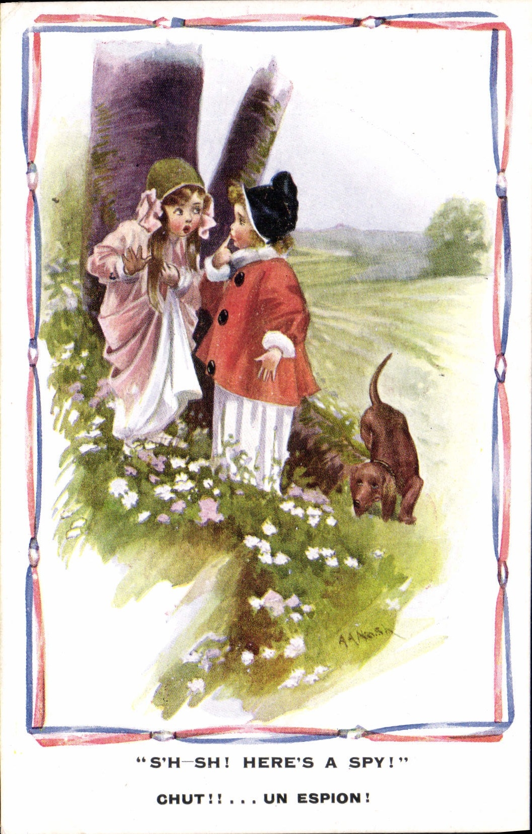 Vintage Postcard Fantasy Illustrator Children Dog Hush a spy!
