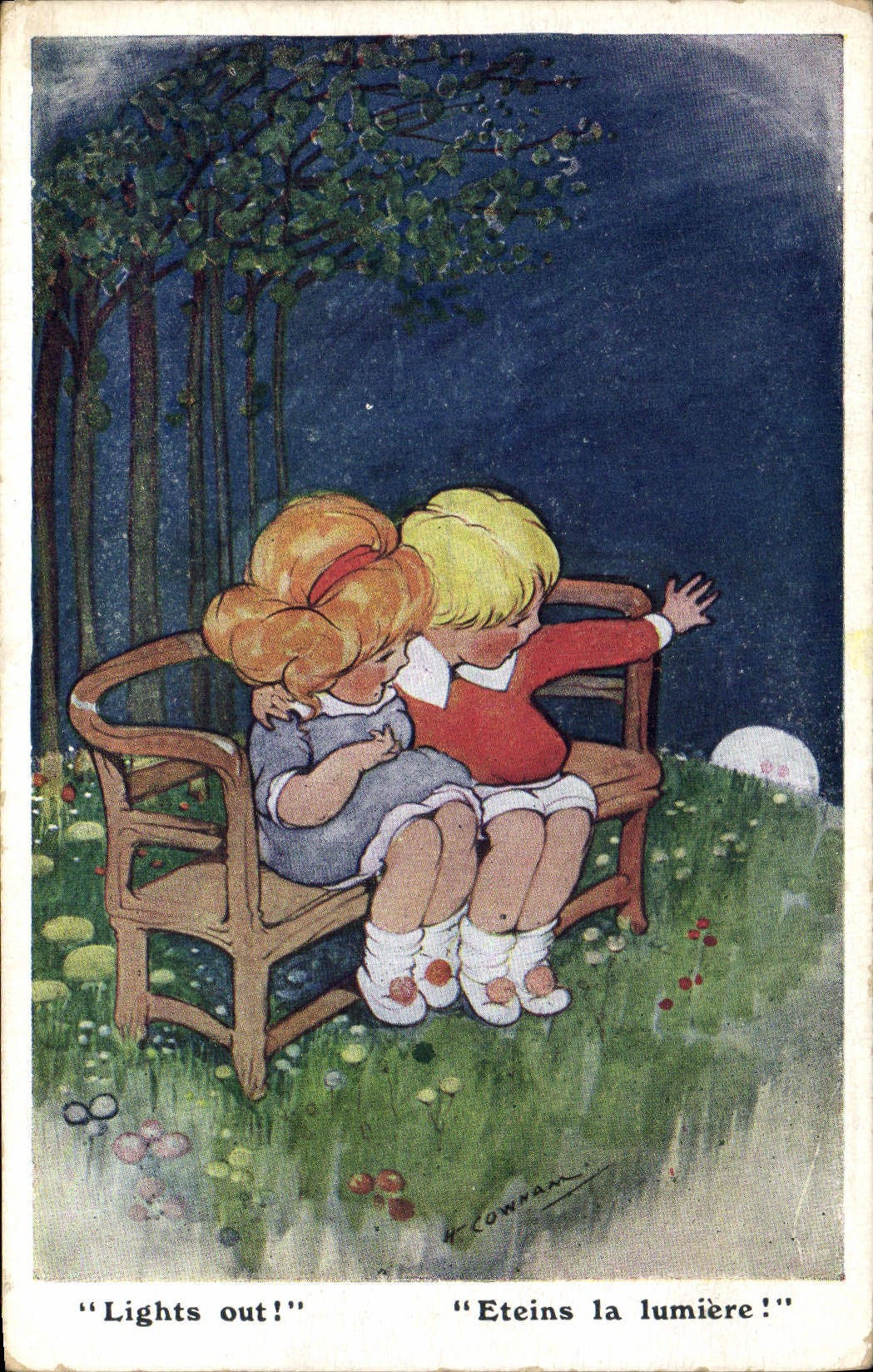 Vintage Postcard Fantaisie Illustrator Children Extinguish the light