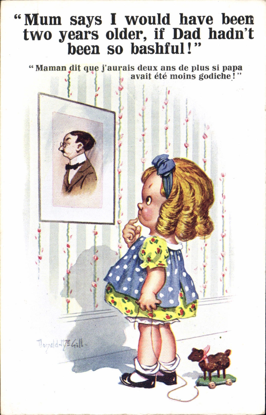 Vintage Postcard Fantaisie Illustrator Child Donald Mc Gill Mum says I would cuts been two days older