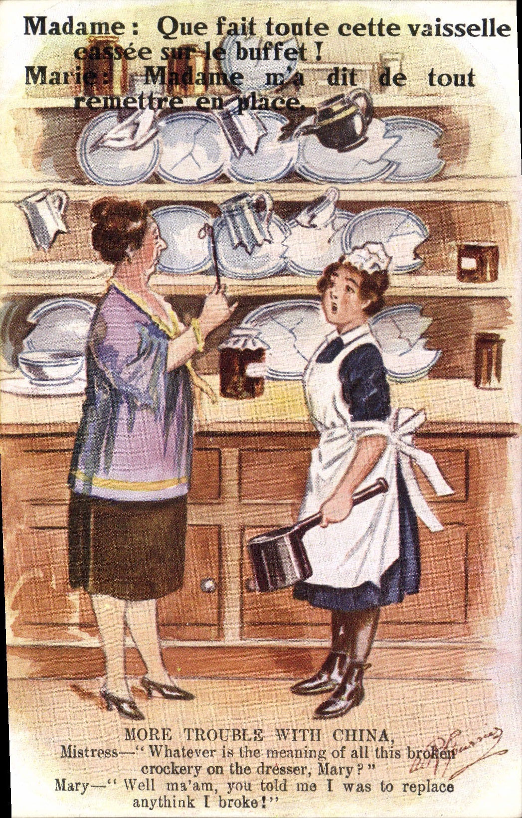 Vintage Postcard Fantasy Illustrator Woman Mrs Which all this crockery cassee makes on the dresser China