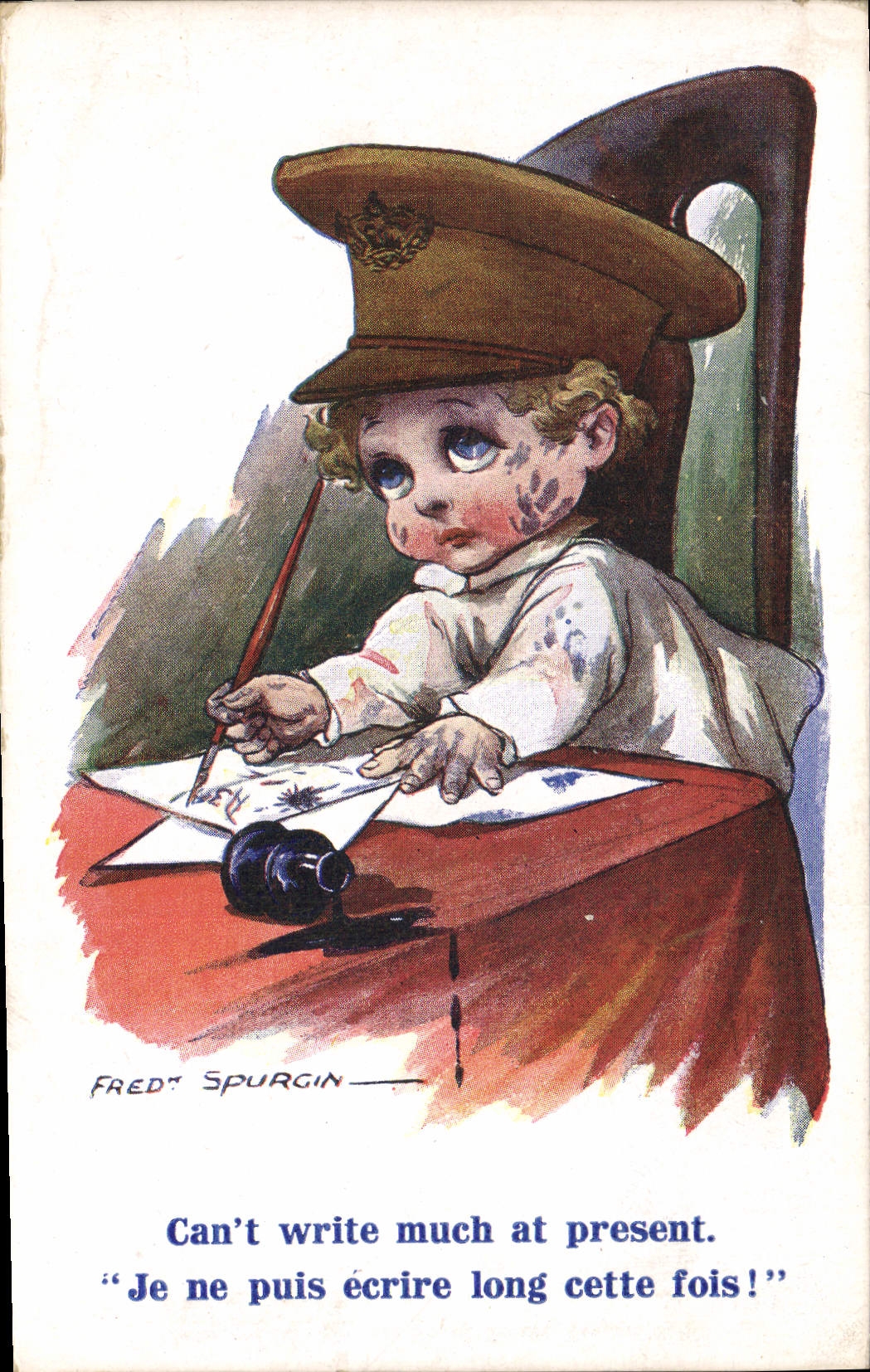 Vintage Postcard Fantasy Illustrator Child Fred Spurgin Militaria Can' T Write much present At