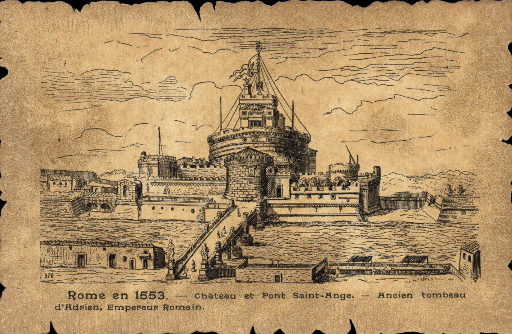 Vintage Postcard Rome in 1553 Castle and Holy bridge Angel Old tomb of Adrien Roman Emperor