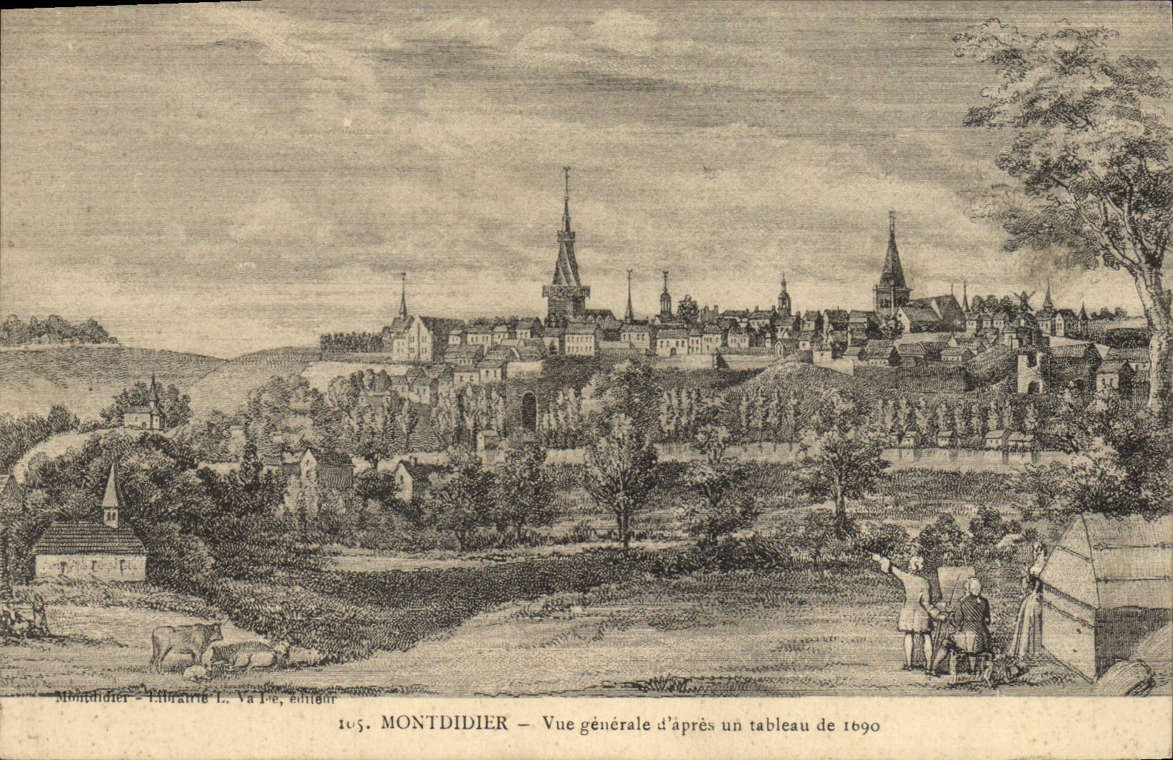 Postal Montdidier Vista general según un cuadro de 1690