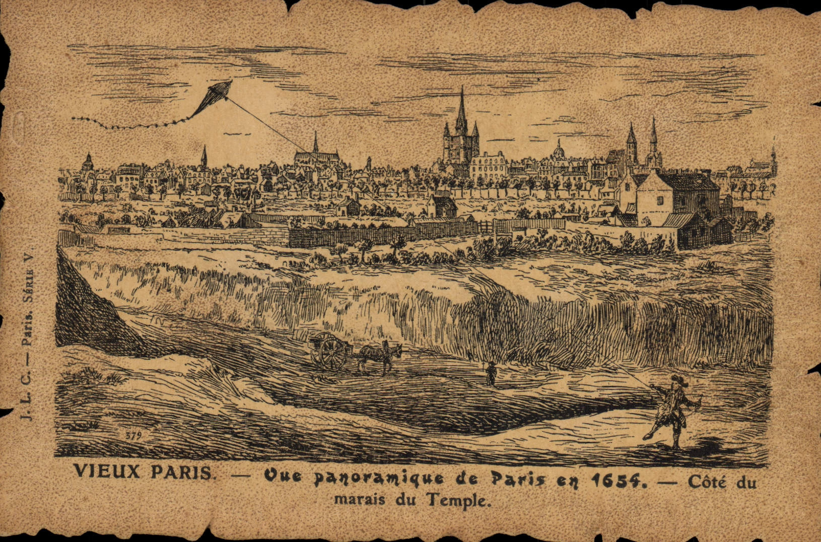 Vintage Postcard Paris Old man Seen panoramic of Paris in 1654 Dimension of the Marsh of the temple