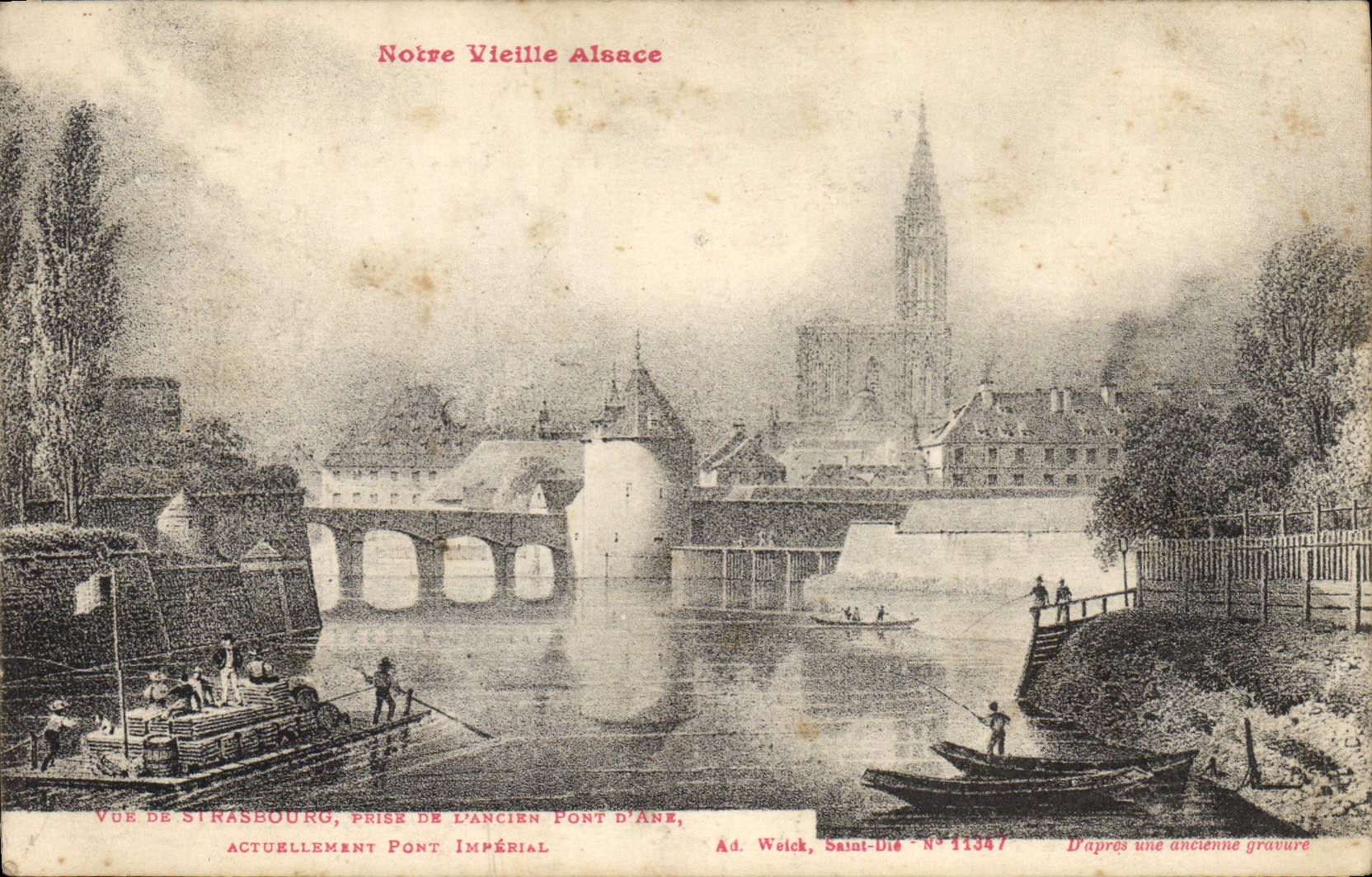 Vintage Postcard Seen of Strasbourg taken of the old bridge of donkey currently imperial bridge