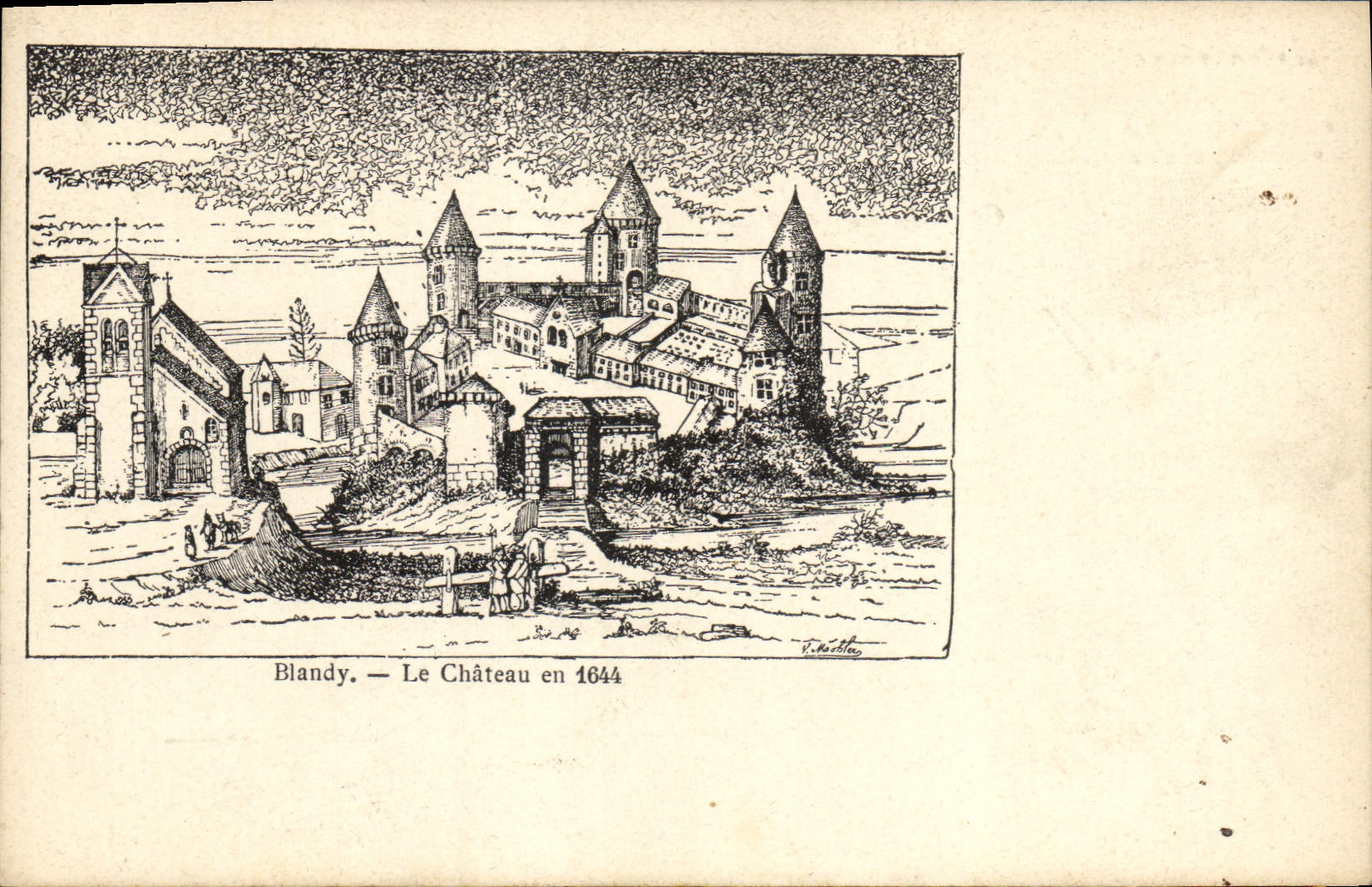 Vintage Postcard Blandy the castle in 1644