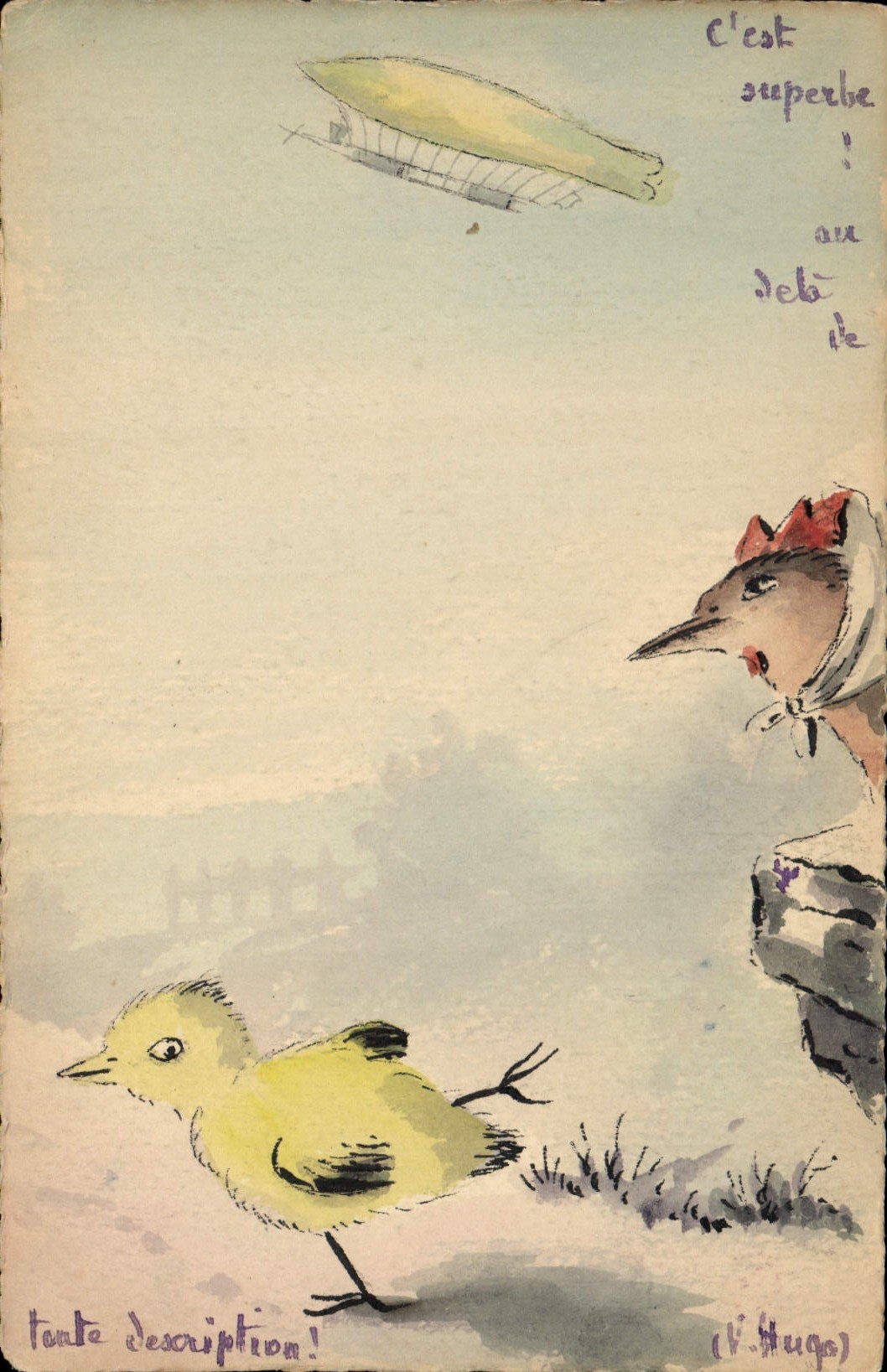 Vintage Postcard Chick Zeppelin Airship (drawing has the hand)