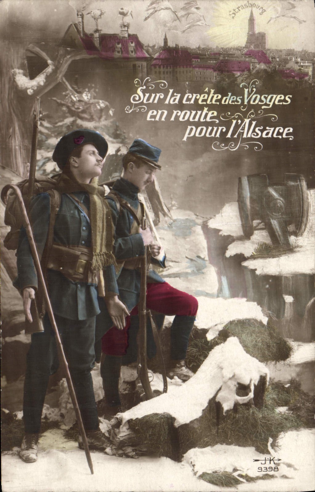 CPA Militaria Chasseurs Alpins Sur la crete des Vosges en route pour l'Alsace Strasbourg