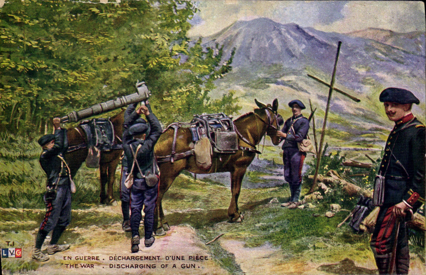 CPA Militaria Chasseurs Alpins Dechargement d'une piece