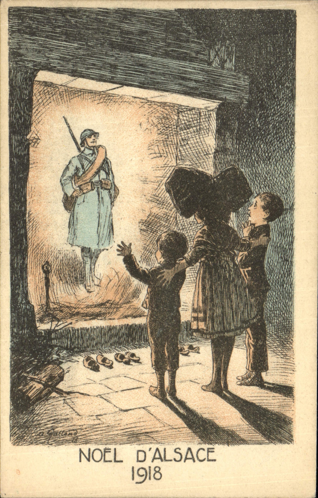 CPA Folklore Alsace Noel 1918 Enfants Militaria