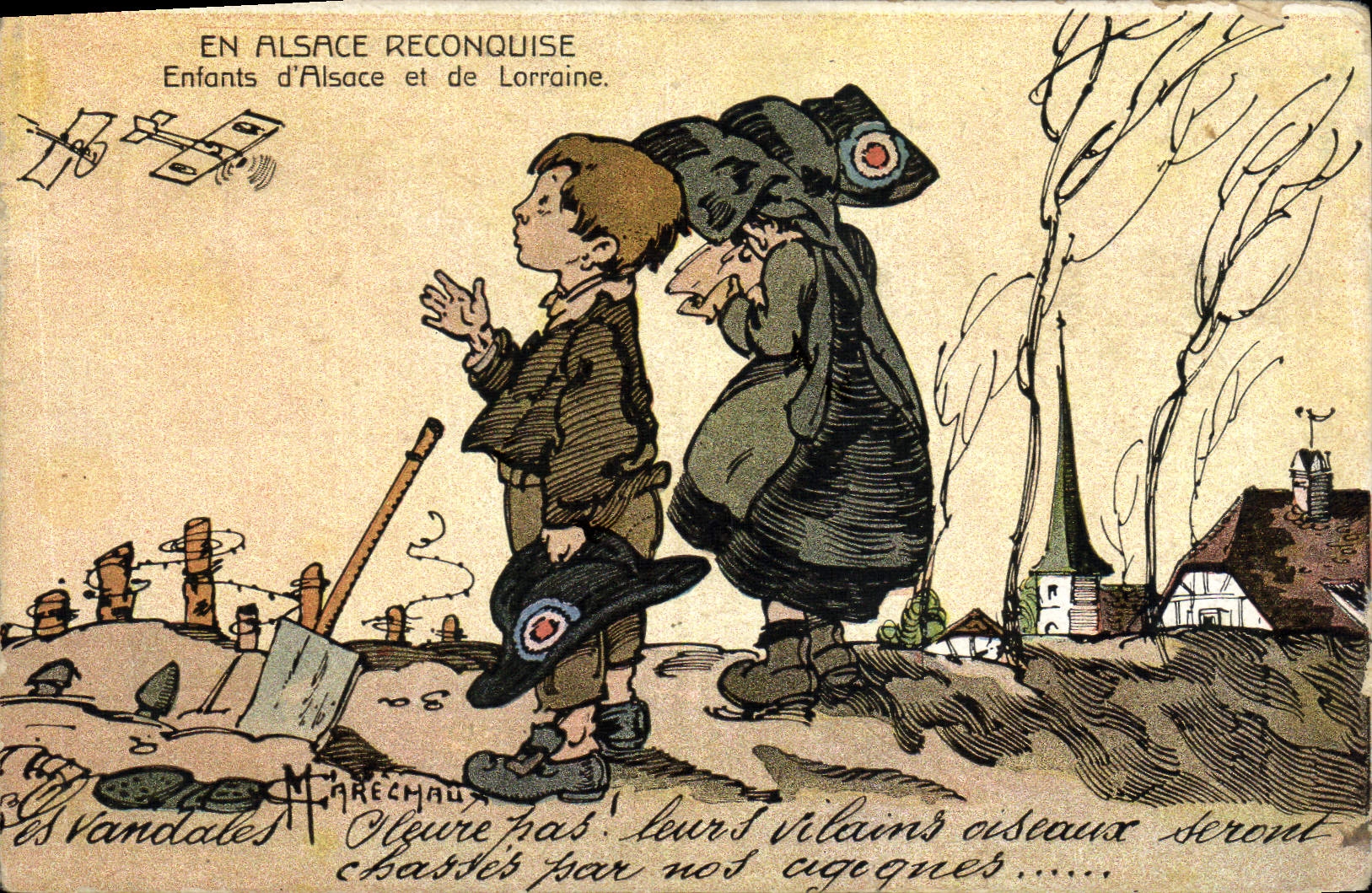 CPA Folklore Alsace En Alsace reconquise Enfants d'Alsace et de Lorraine Avion Aviation