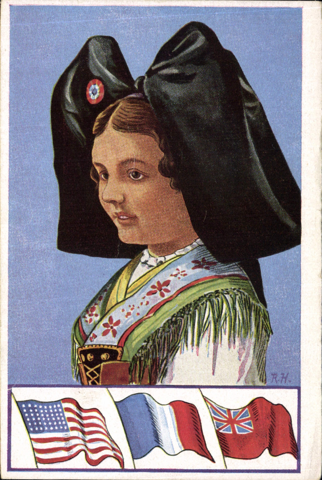 CPA Folklore Alsace Alsacienne Drapeaux