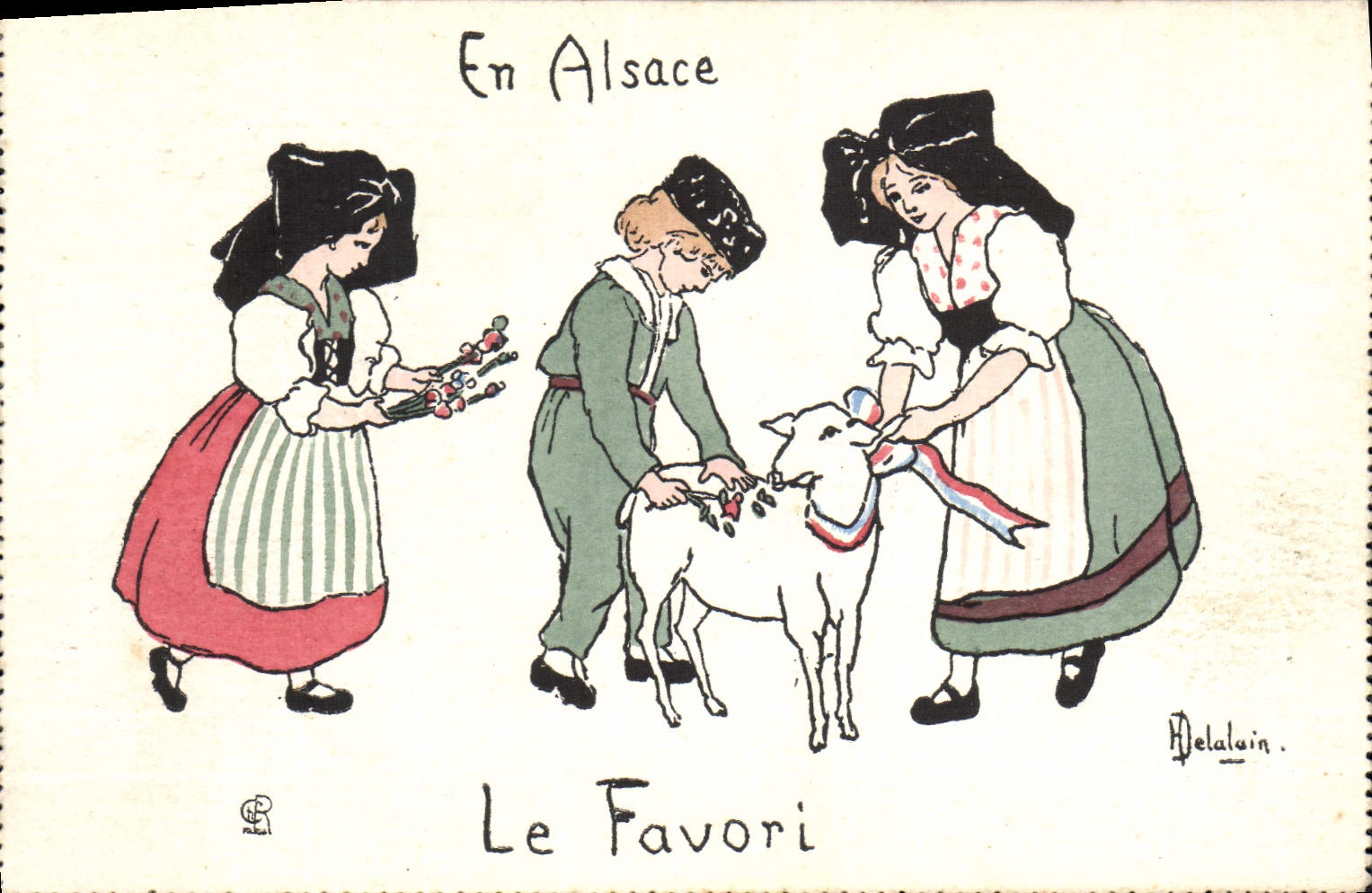 CPA Folklore Alsace Le favori Enfants Moutons