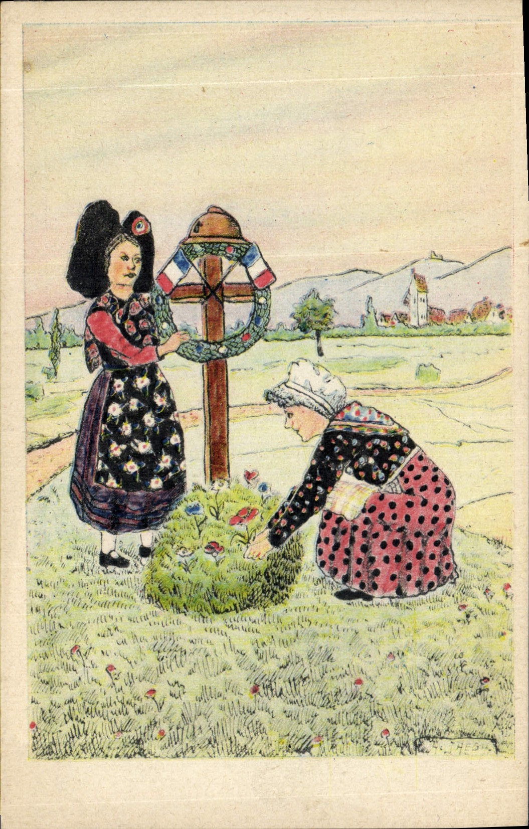 CPA Folklore Alsace A la tombe d'un petit soldat de France Illustrateur