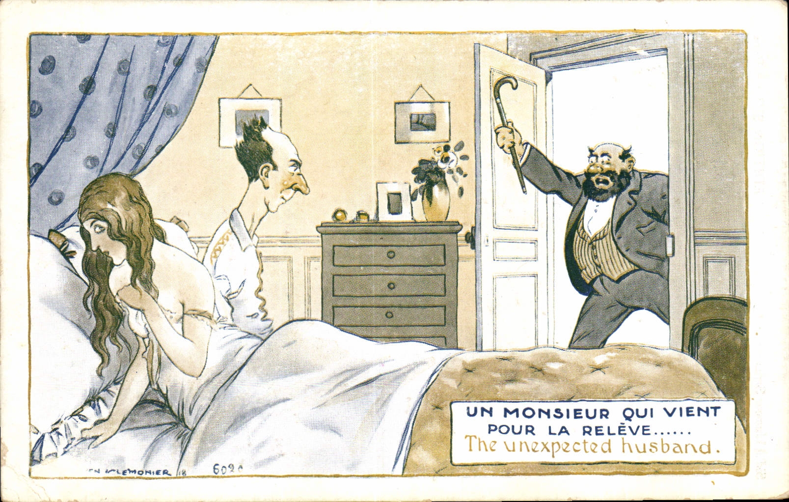 CPA Fantaisie Illustrateur Un monsieur qui vient pour la relive 