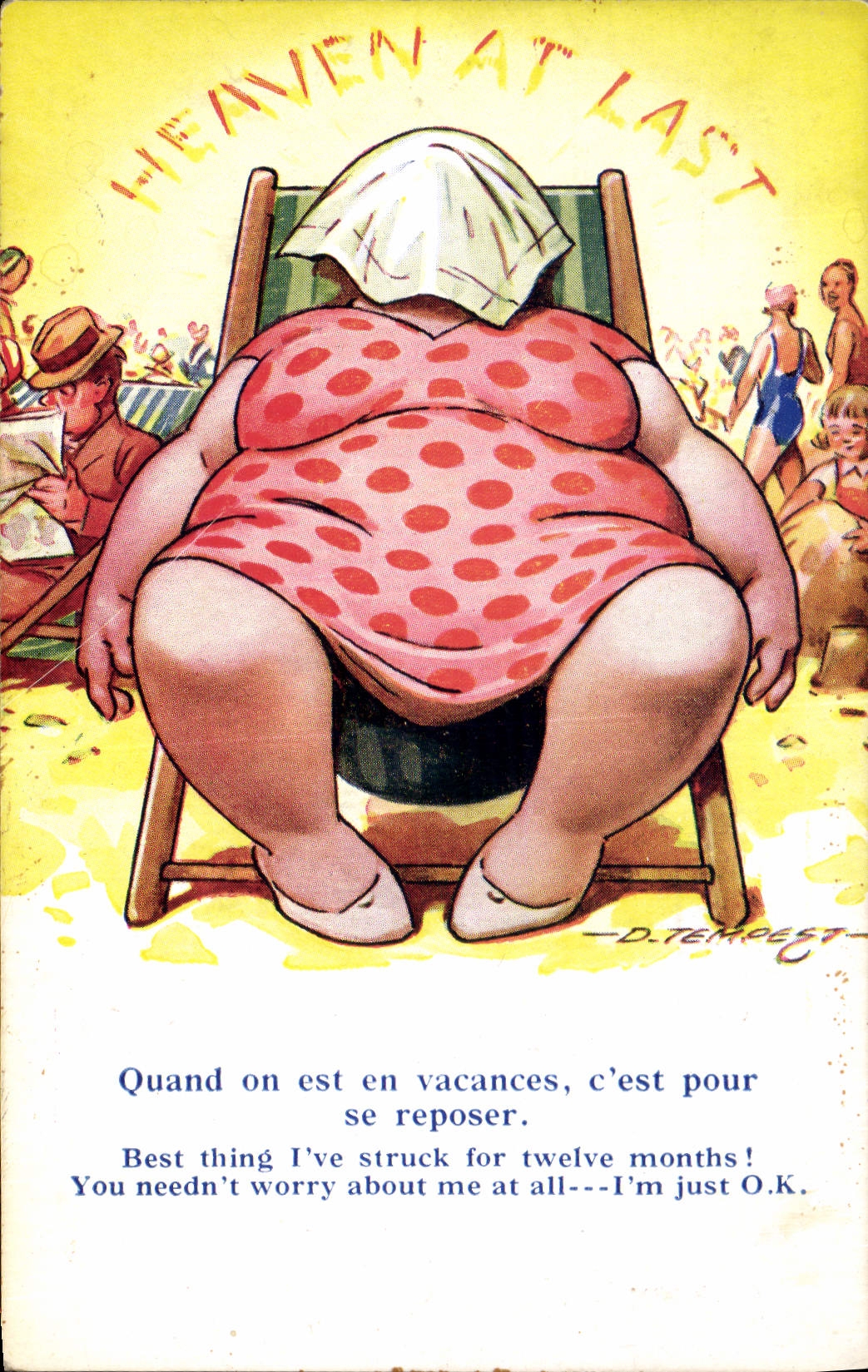 Vintage Postcard Fantasy Illustrator strong Woman When one is on vacation