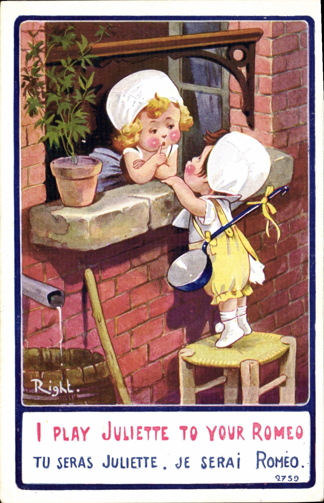 Vintage Postcard Fantasy Illustrator Children Right I play Juliette to your Romeo