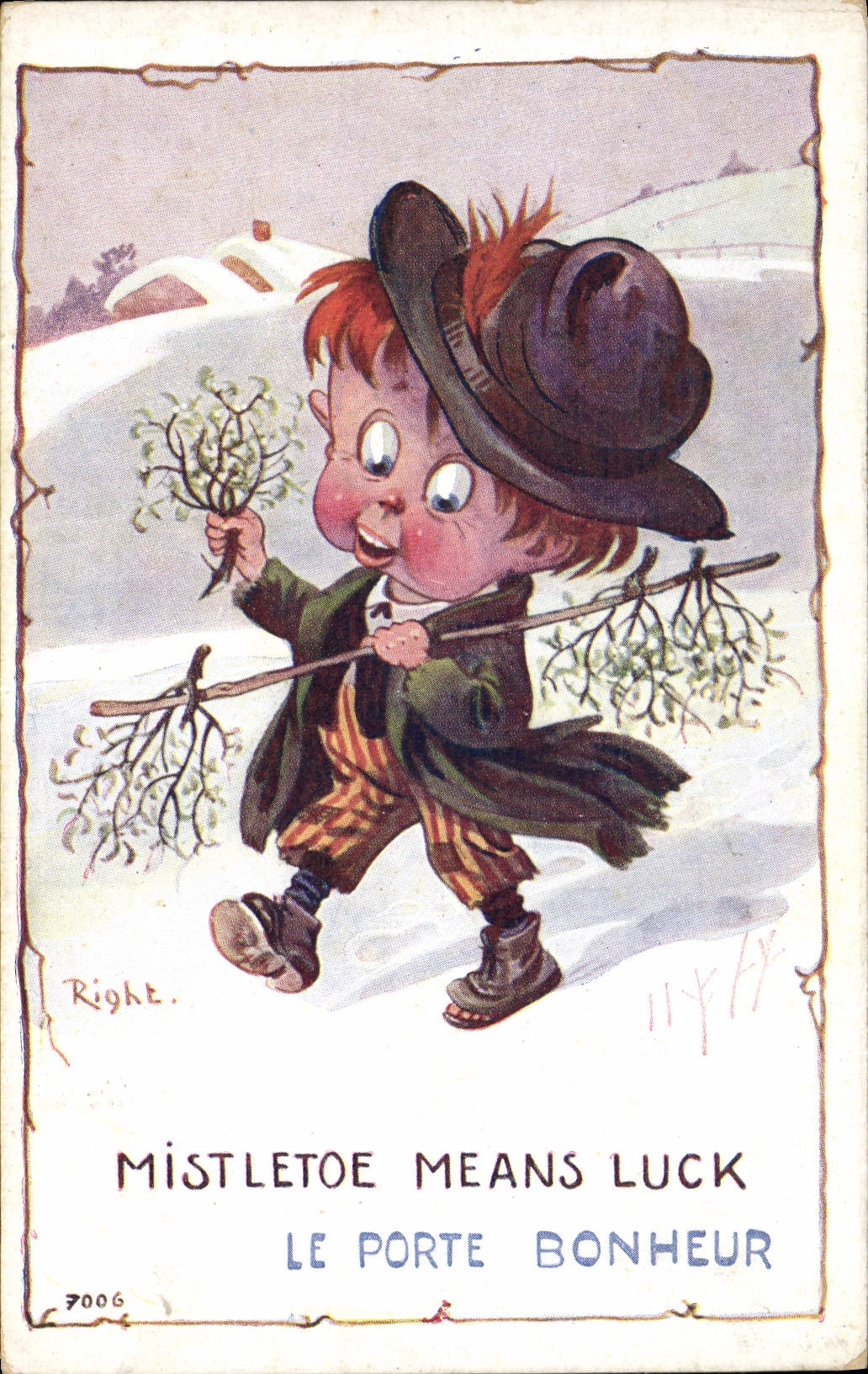 Vintage Postcard Fantasy Illustrator Child Misteloe means luck