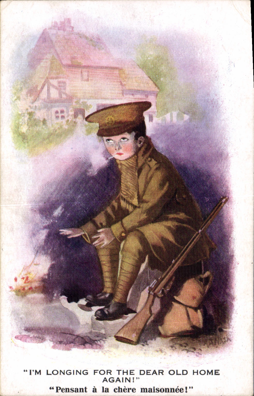 Postal Fantasia Ilustrador Niño Militaria I' m longing fuero the dear old hogar again!