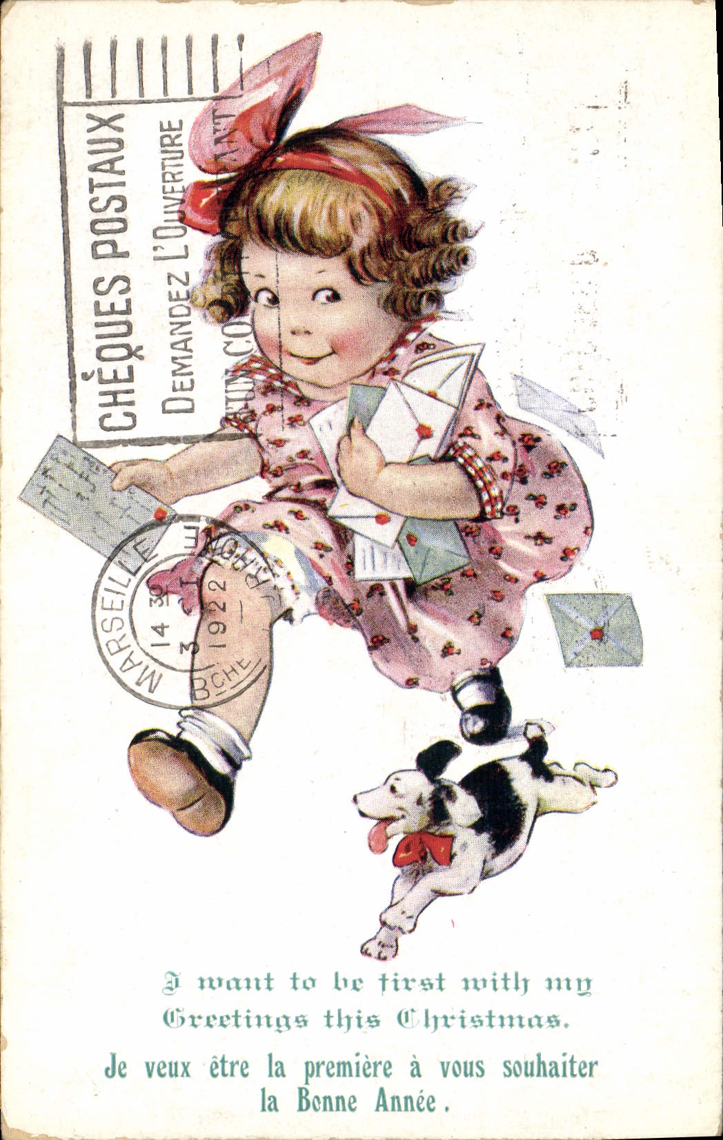 Vintage Postcard Fantaisie Illustrator Child Dog I want to be first has to wish you the happy new year