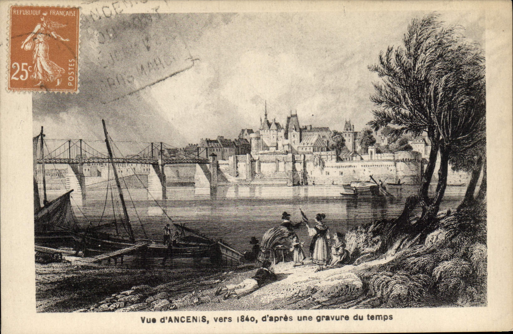 Postal Vista de Ancenis hacia 1840 según un grabado del tiempo