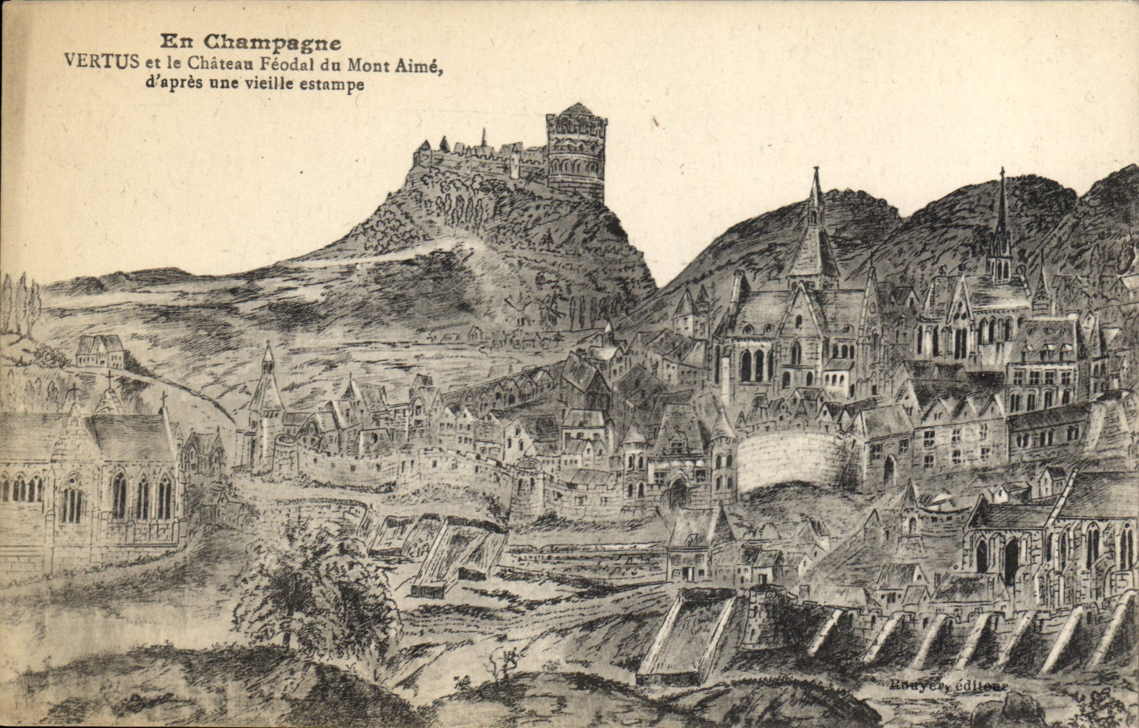 Vintage Postcard Virtues and the feudal castle of the Mount Likes