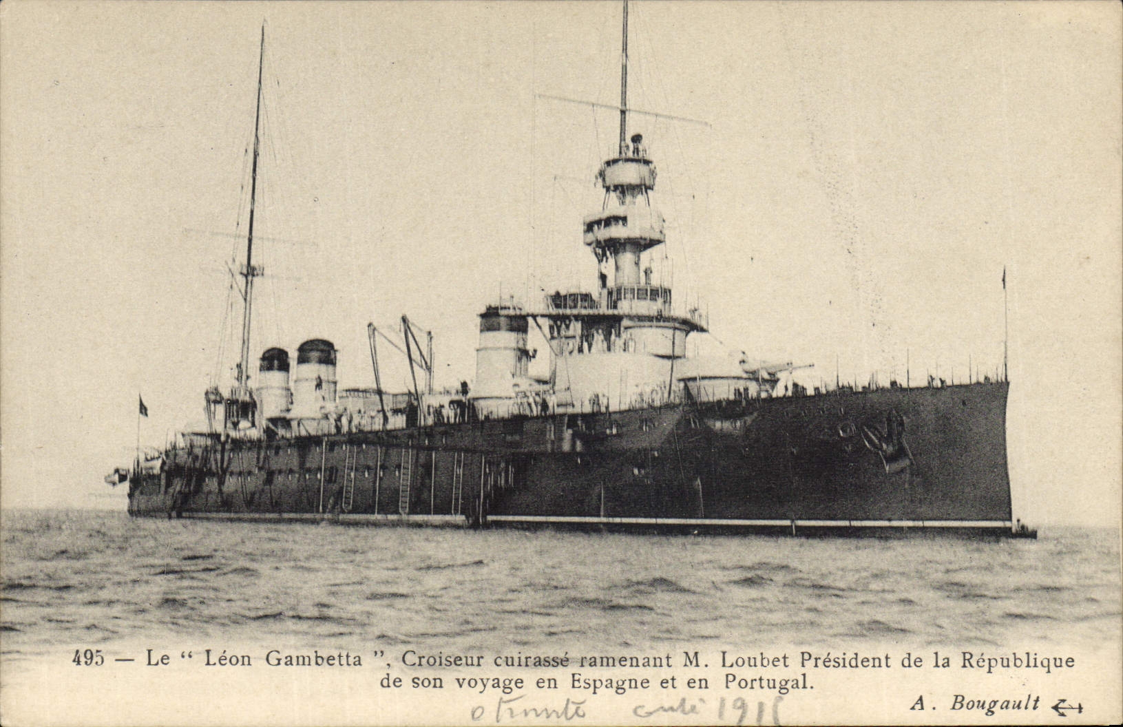 Vintage Postcard Bateau Léon Gambetta Croiseur Armours bringing back Mr. Loubet President of the Republic of his voyage to Spain and Portugal