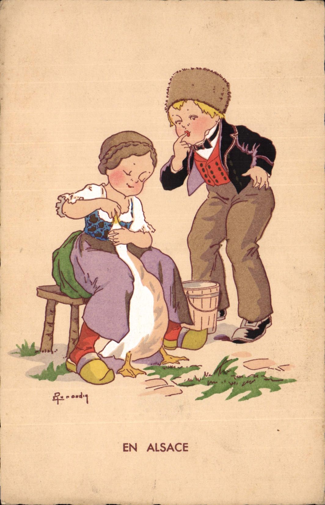CPA Folklore Alsace Enfants Oie