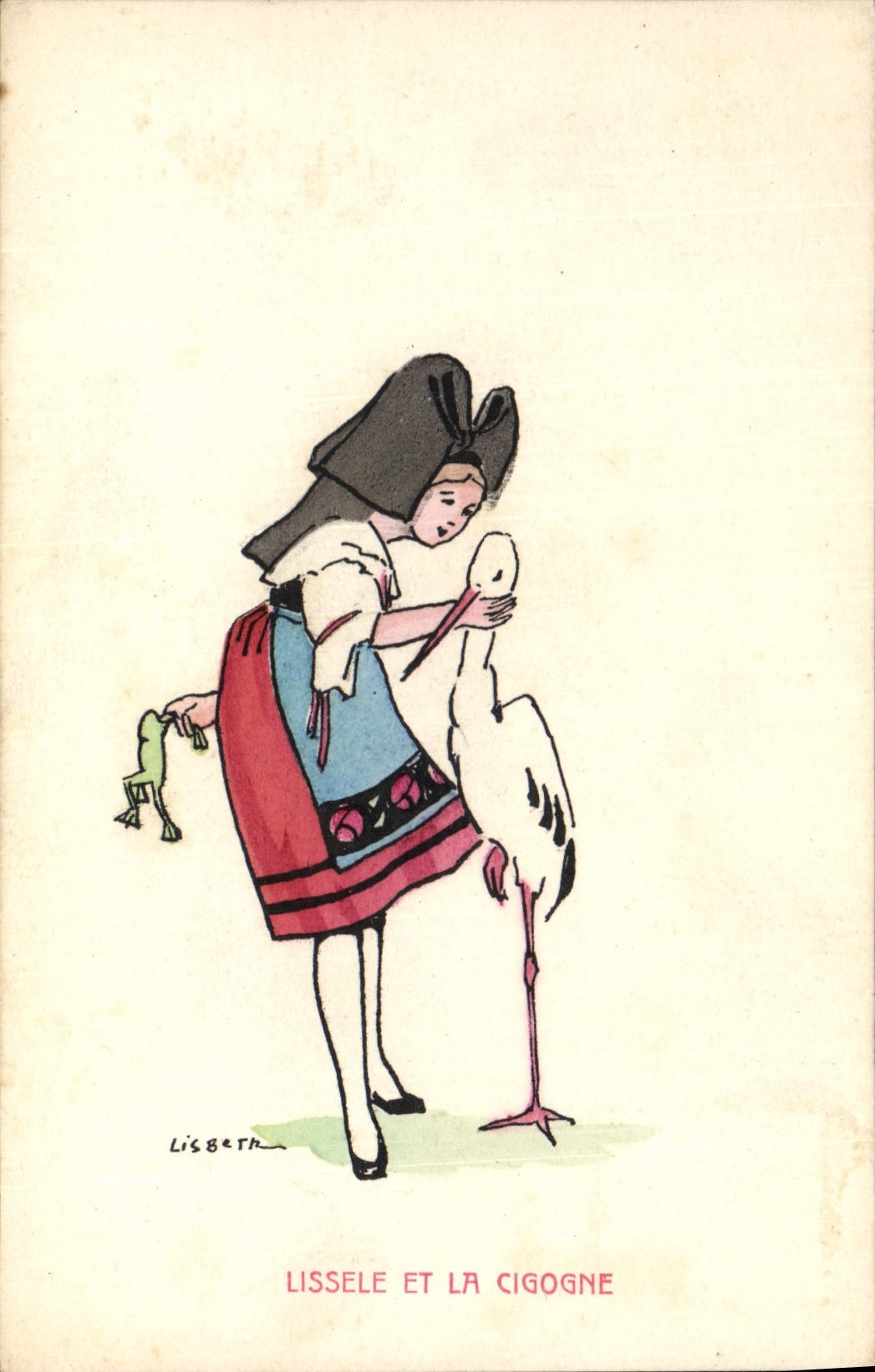 CPA Folklore Alsace Femme Lissele et la cigogne