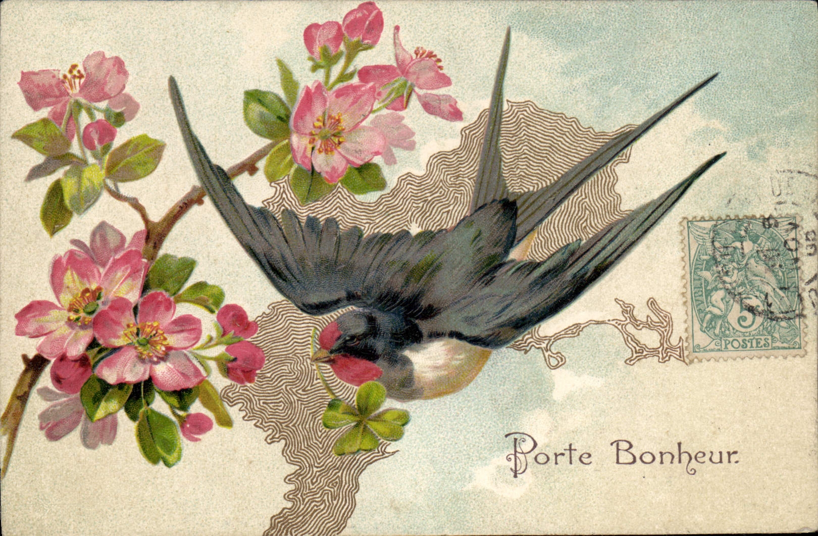 Postal Fantasia Flores Golondrina Puerta felicidad