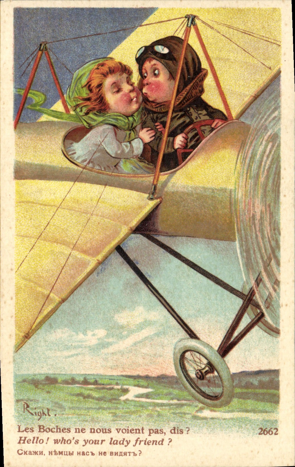 Vintage Postcard Fantasy Illustrator Children Right Plane