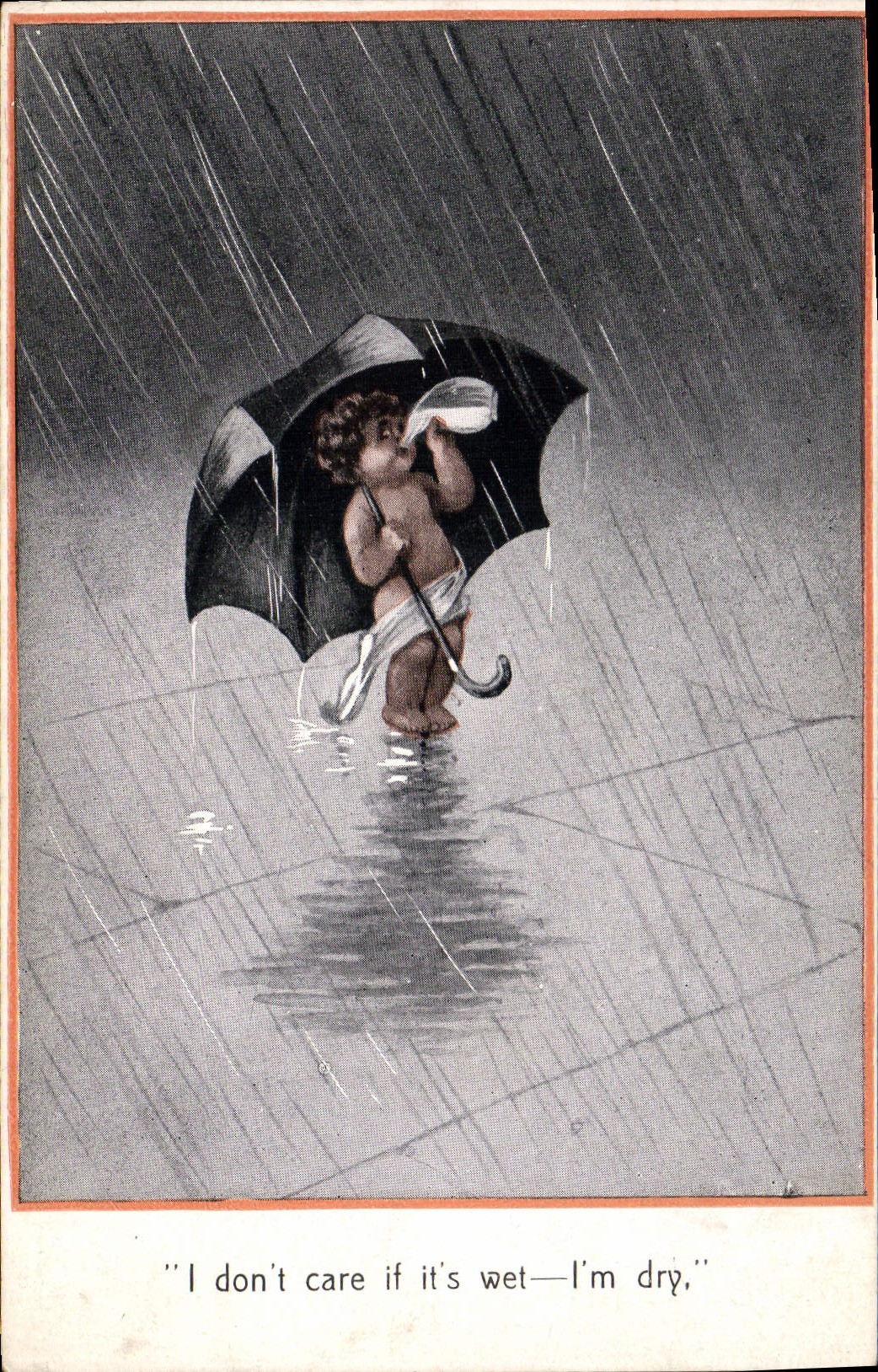 Vintage Postcard Fantasy Illustrator Children I don' T care yew it' S wet