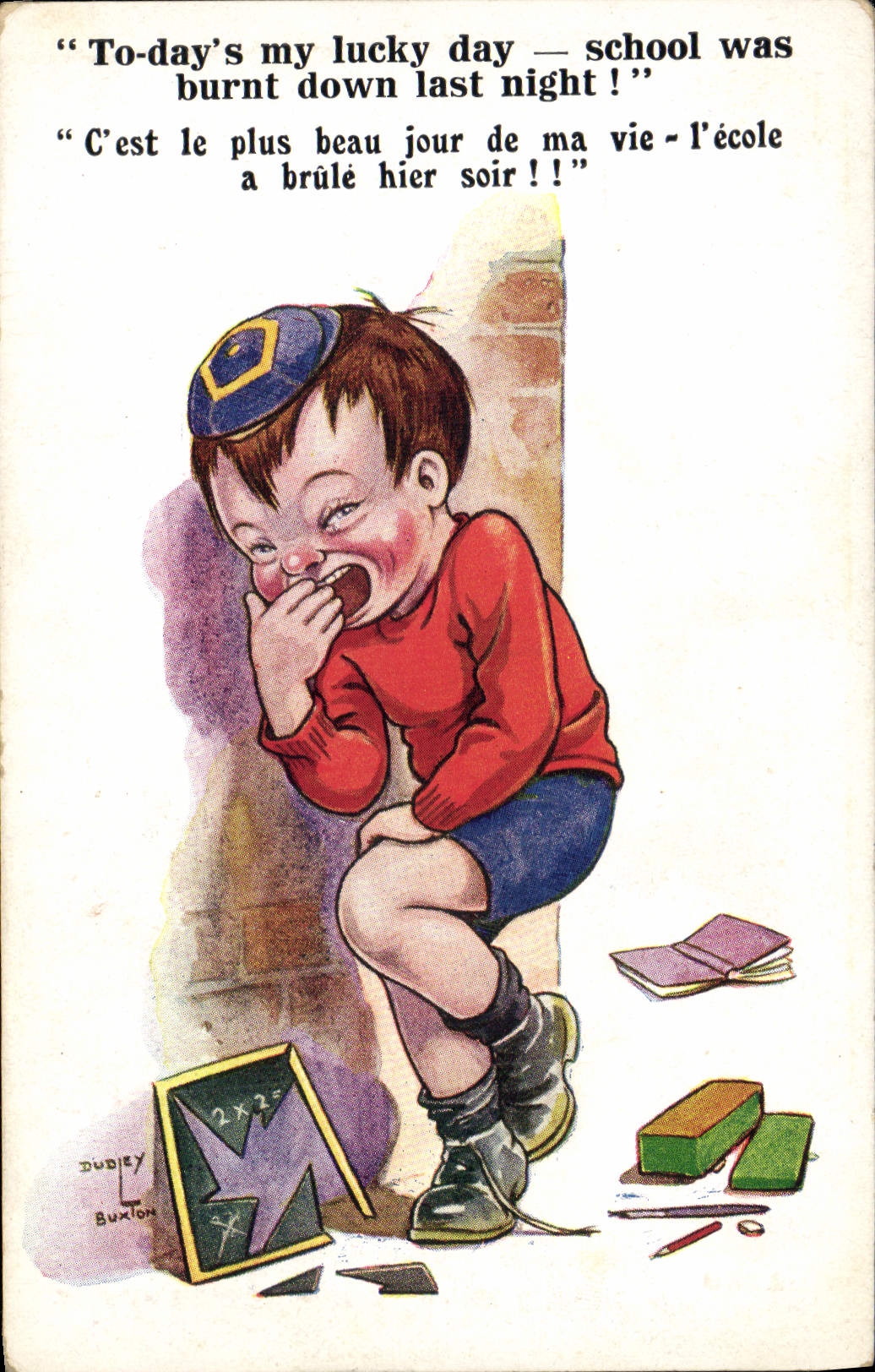 Vintage Postcard Fantasy Illustrator Child To day' S my lucky day school was burnt down last night